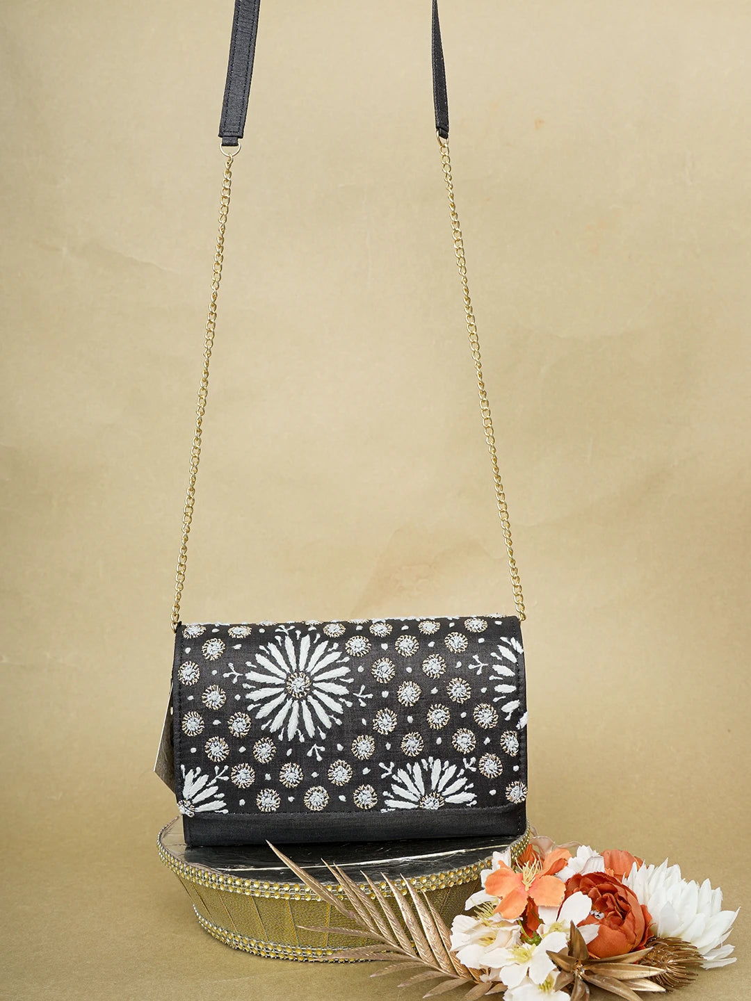 Ada Hand Embroidered Black Silk Lucknowi Chikankari Clutch With Zari Work 01A636446