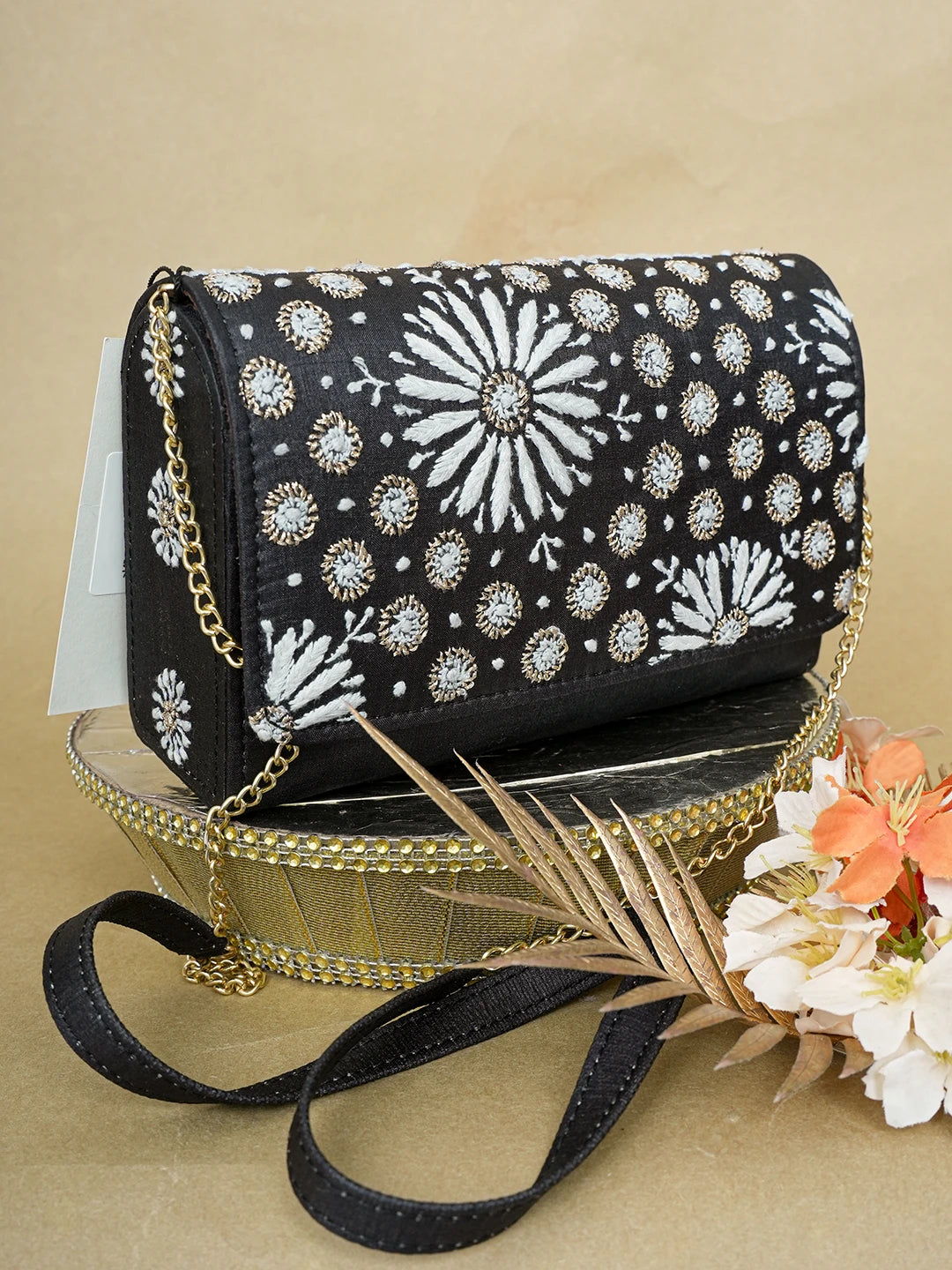Ada Hand Embroidered Black Silk Lucknowi Chikankari Clutch With Zari Work 01A636446