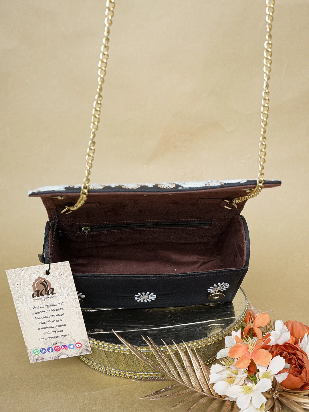 Ada Hand Embroidered Black Silk Lucknowi Chikankari Clutch With Zari Work 01A636446