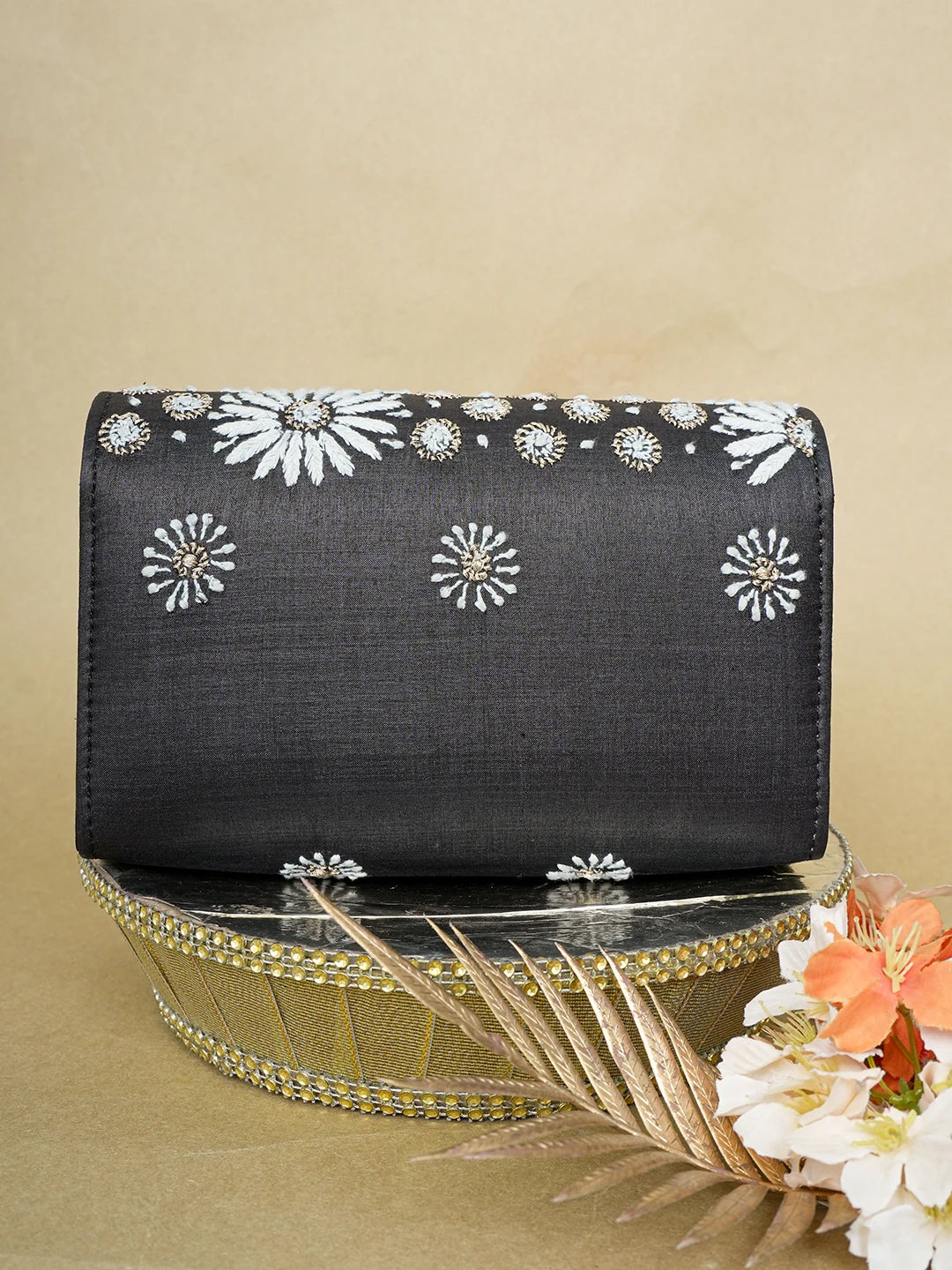 Ada Hand Embroidered Black Silk Lucknowi Chikankari Clutch With Zari Work 01A636446