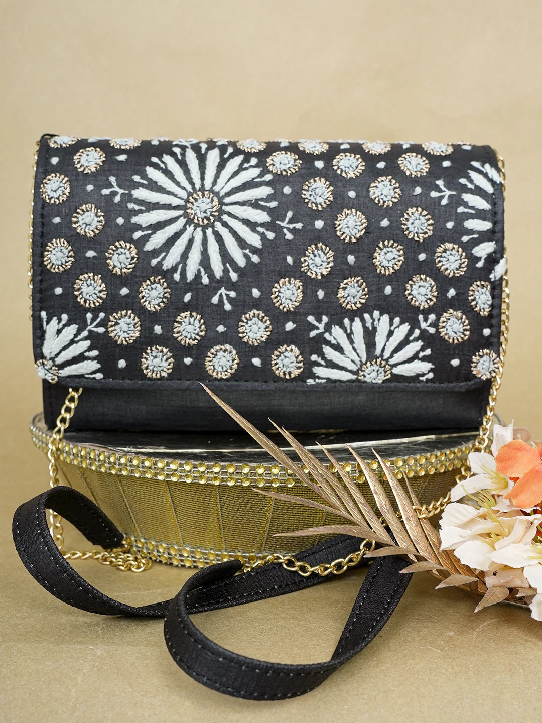 Ada Hand Embroidered Black Silk Lucknowi Chikankari Clutch With Zari Work 01A636446