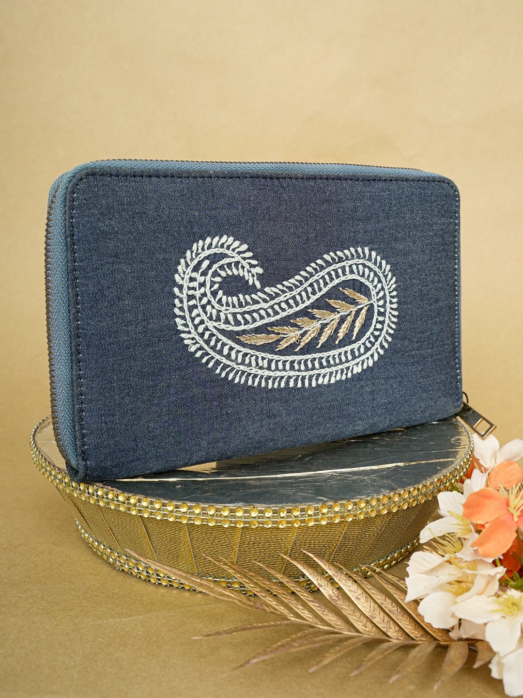 Ada Hand Embroidered Navy Blue Denim Lucknowi Chikankari Wallet With Zari Work 01A649638