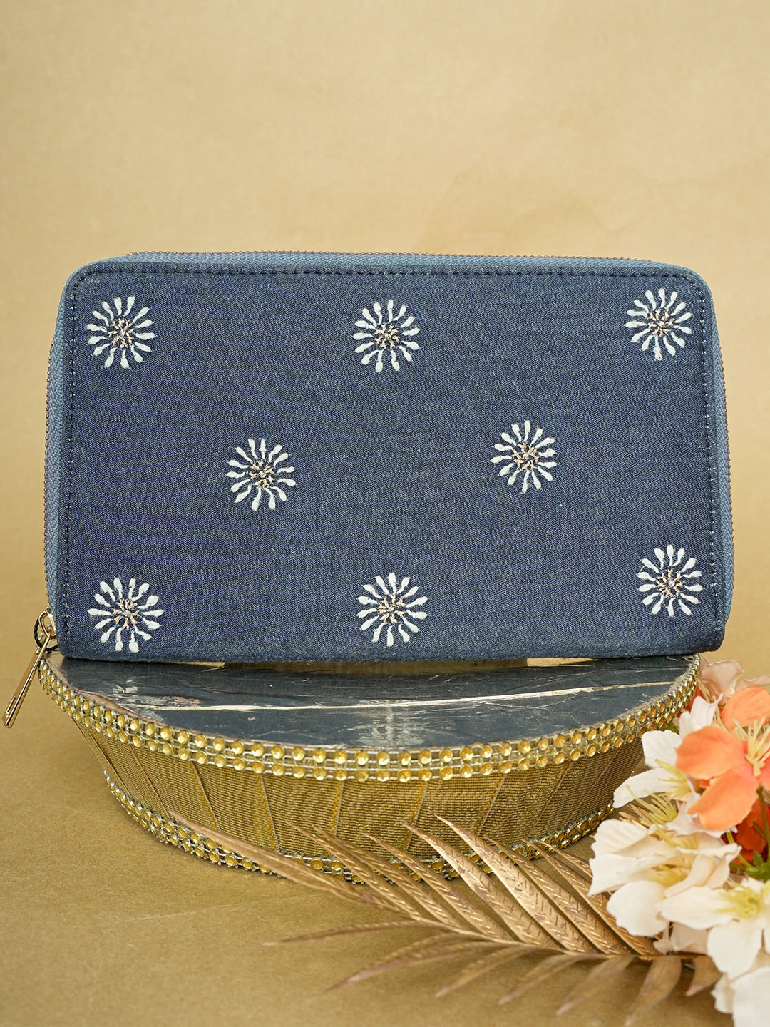 Ada Hand Embroidered Navy Blue Denim Lucknowi Chikankari Wallet With Zari Work 01A649638