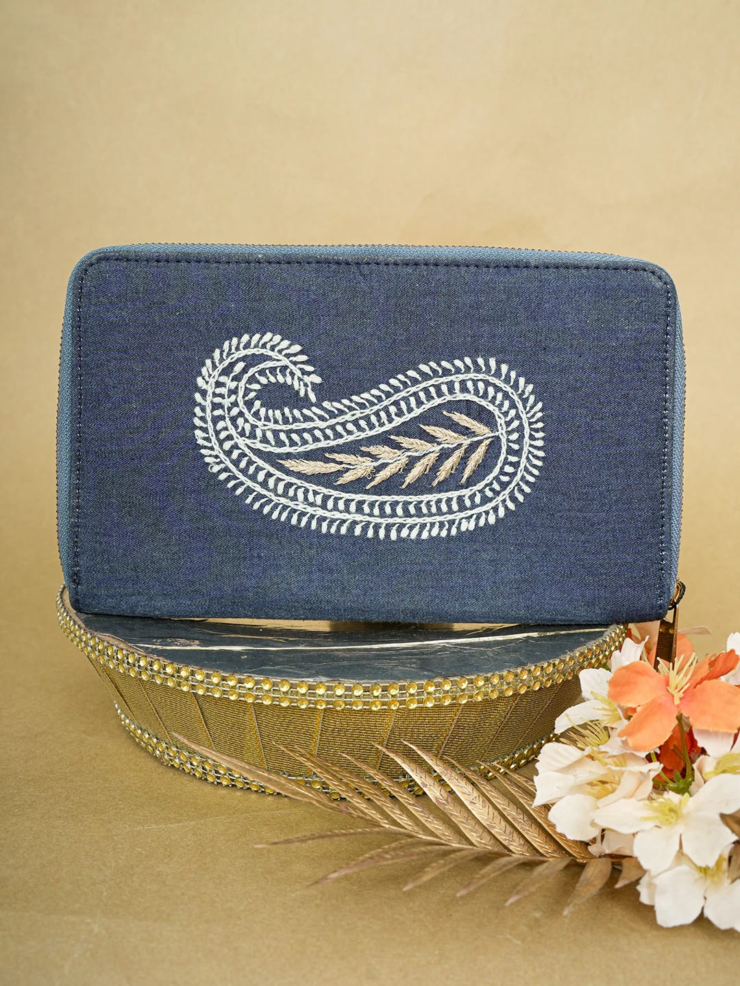 Ada Hand Embroidered Navy Blue Denim Lucknowi Chikankari Wallet With Zari Work 01A649638