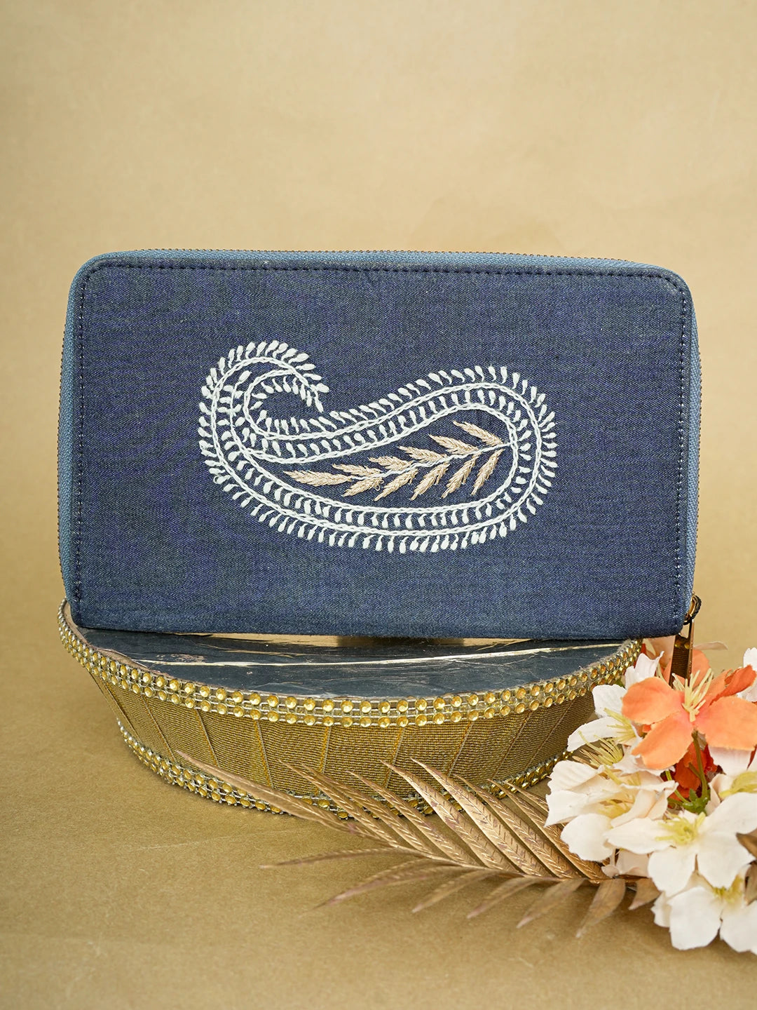 Ada Hand Embroidered Navy Blue Denim Lucknowi Chikankari Wallet With Zari Work 01A649638