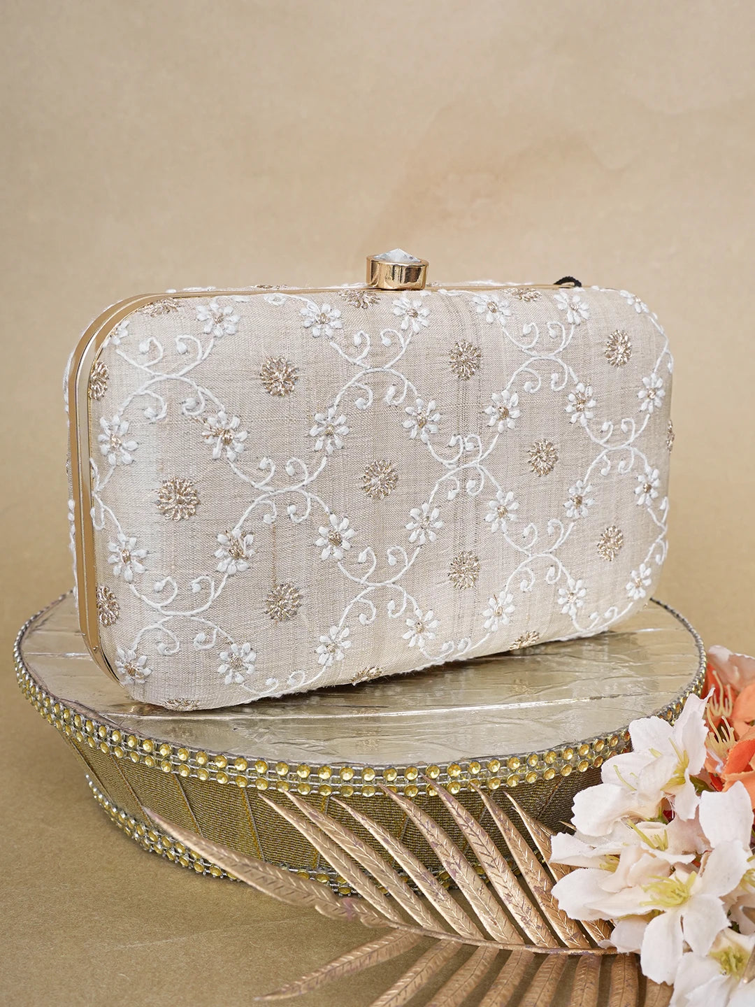 Ada Hand Embroidered Fawn Silk Lucknowi Chikankari Clutch With Zari Work 01A649297
