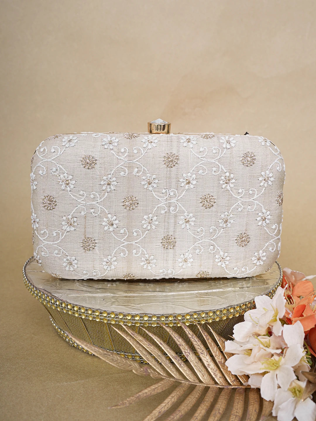 Ada Hand Embroidered Fawn Silk Lucknowi Chikankari Clutch With Zari Work 01A649297