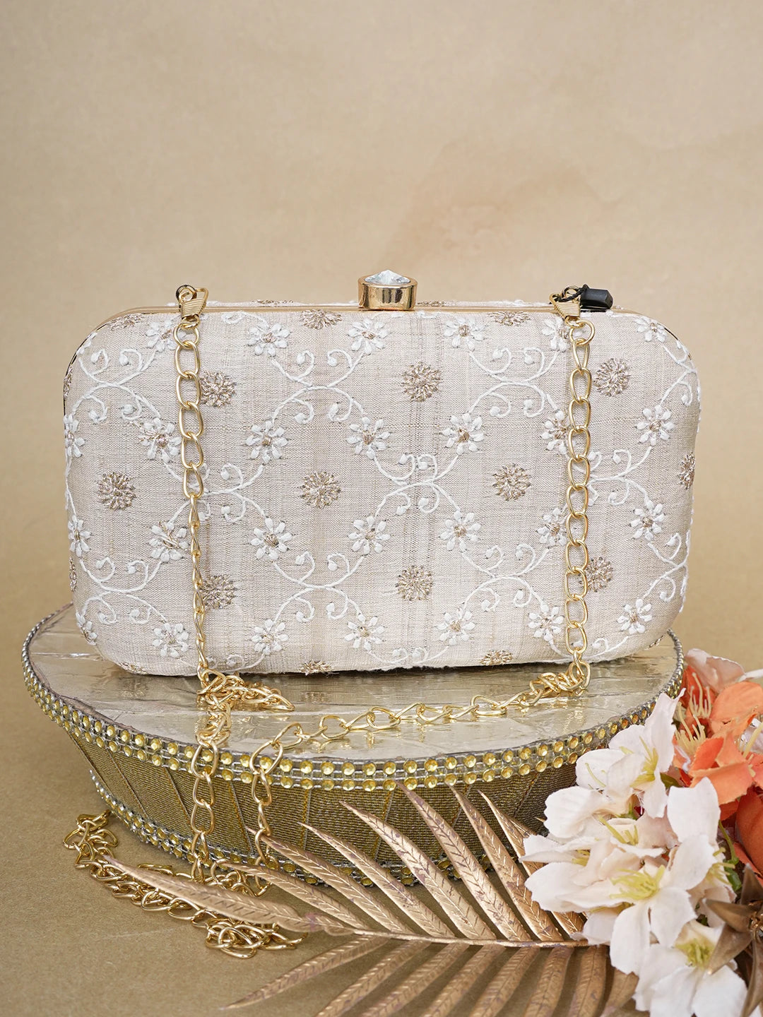 Ada Hand Embroidered Fawn Silk Lucknowi Chikankari Clutch With Zari Work 01A649297