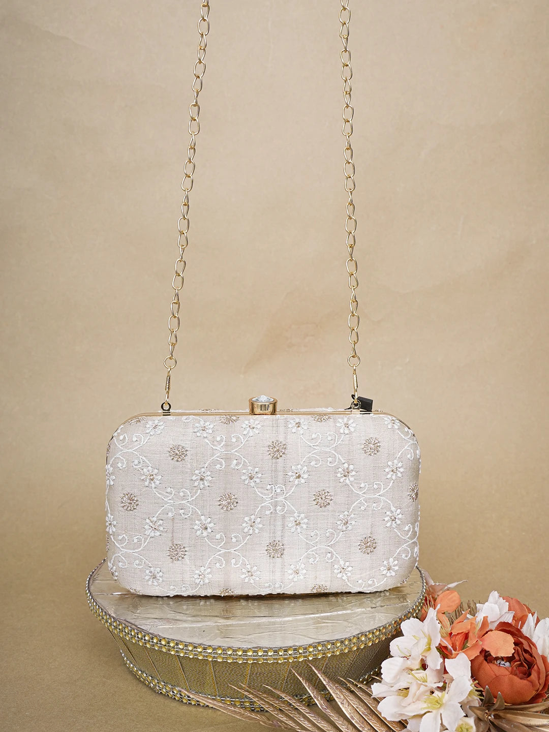 Ada Hand Embroidered Fawn Silk Lucknowi Chikankari Clutch With Zari Work 01A649297