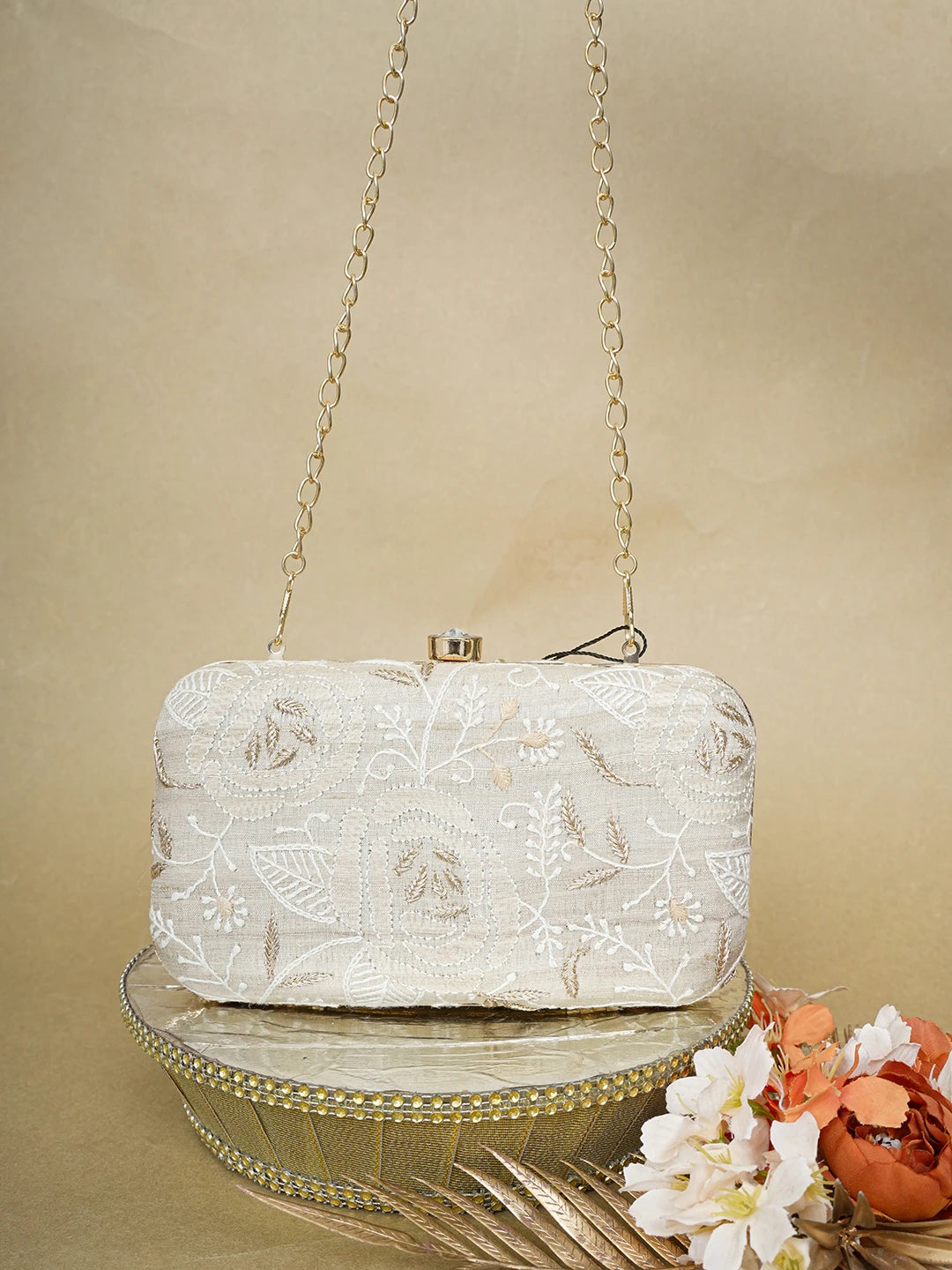 Ada Hand Embroidered Fawn Silk Lucknowi Chikankari Clutch With Zari Work 01A649298