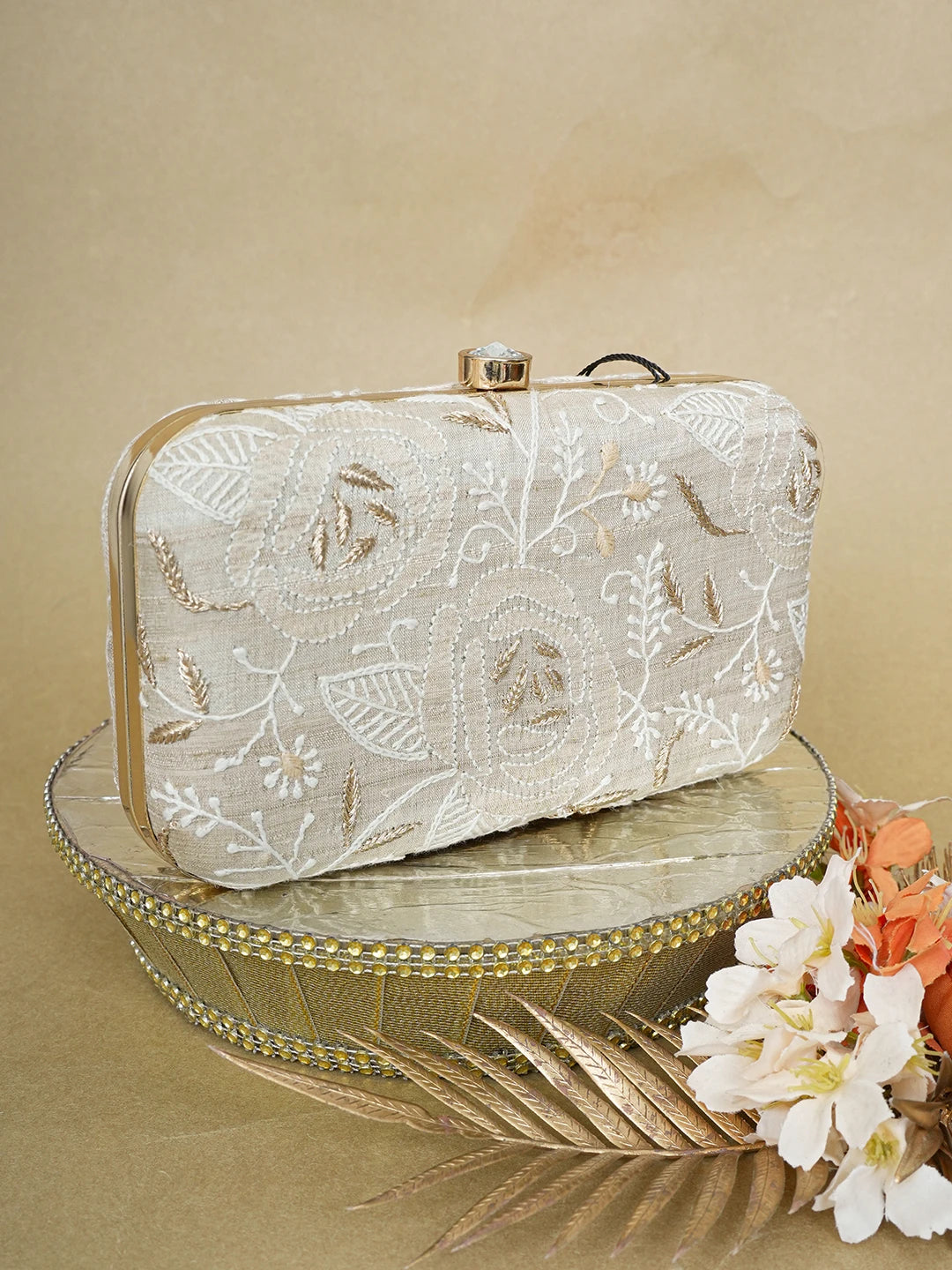 Ada Hand Embroidered Fawn Silk Lucknowi Chikankari Clutch With Zari Work 01A649298