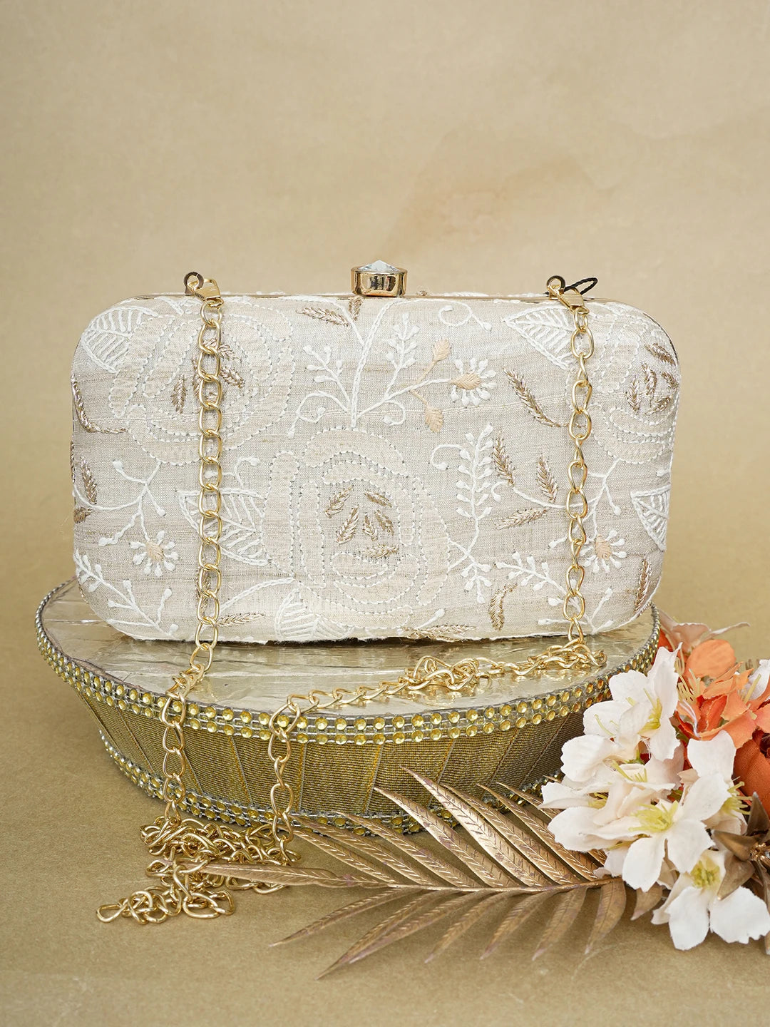 Ada Hand Embroidered Fawn Silk Lucknowi Chikankari Clutch With Zari Work 01A649298