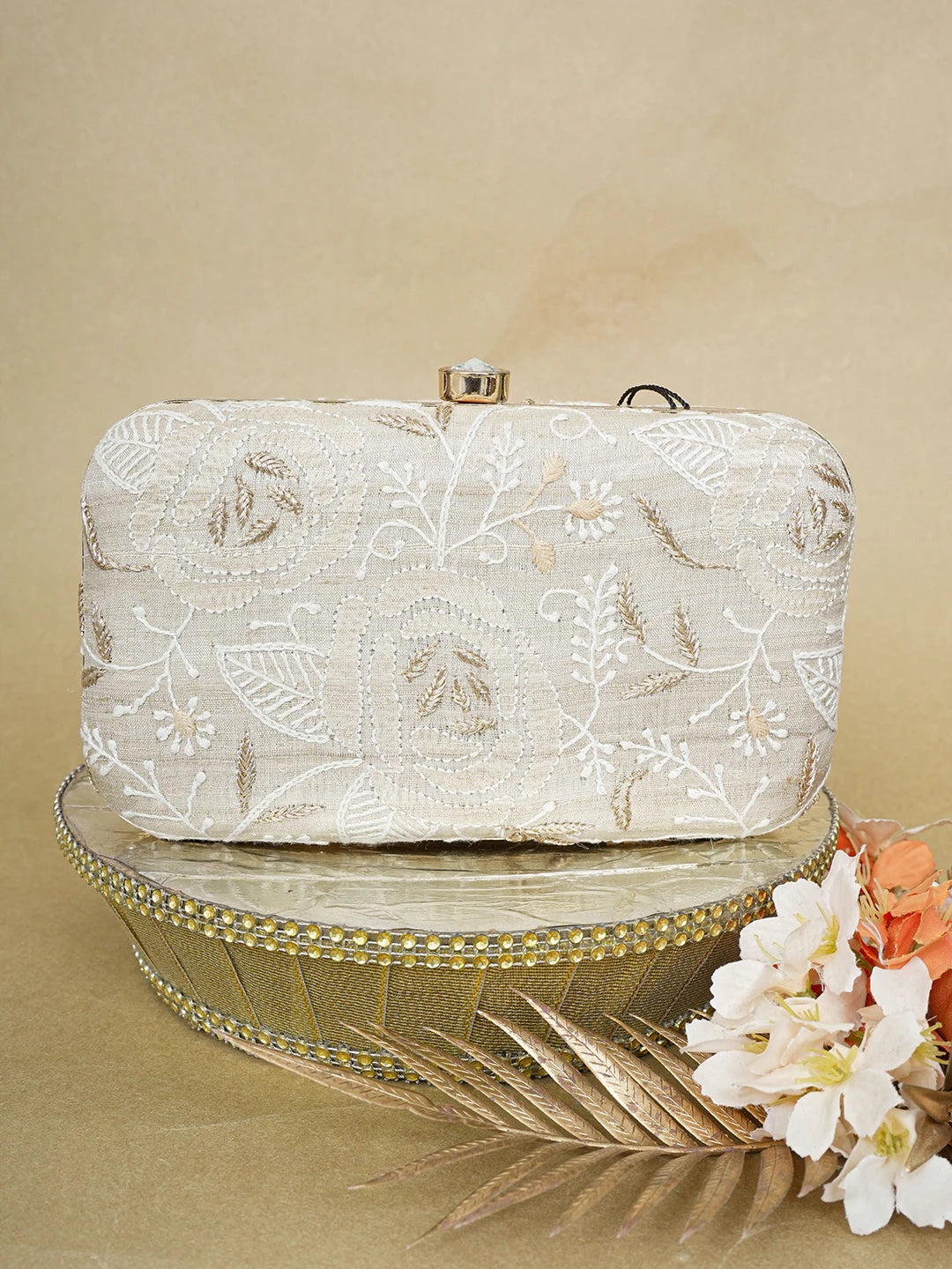 Ada Hand Embroidered Fawn Silk Lucknowi Chikankari Clutch With Zari Work 01A649298