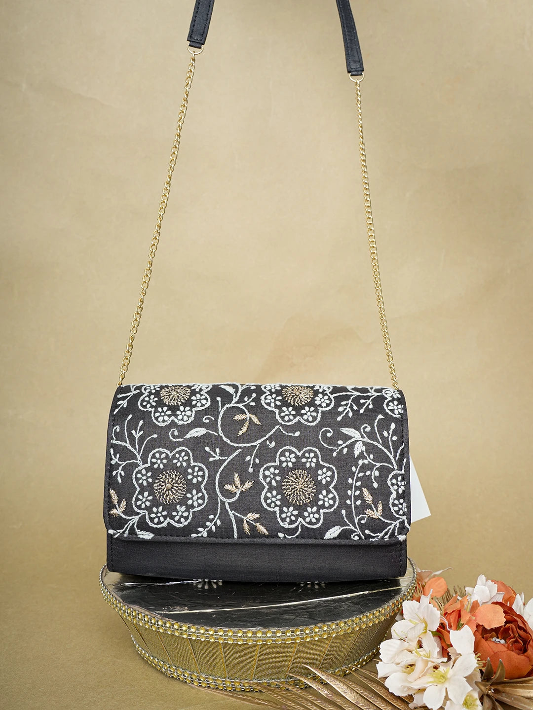 Ada Hand Embroidered Black Silk Lucknowi Chikankari Clutch With Zari Work 01A643734