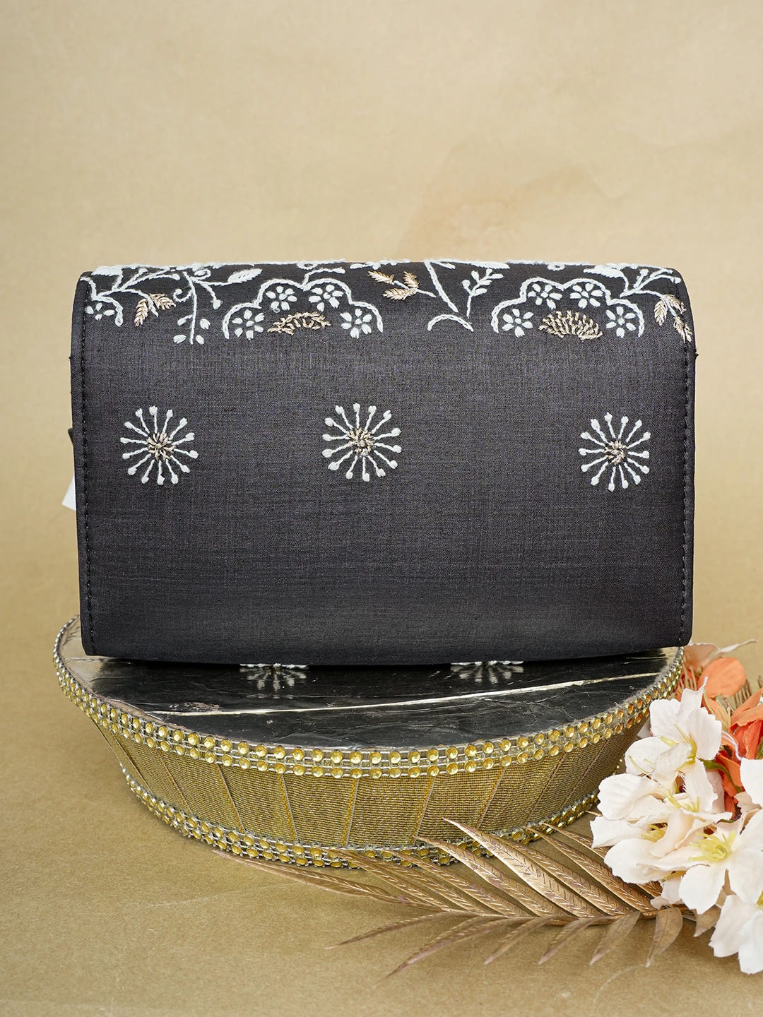 Ada Hand Embroidered Black Silk Lucknowi Chikankari Clutch With Zari Work 01A643734