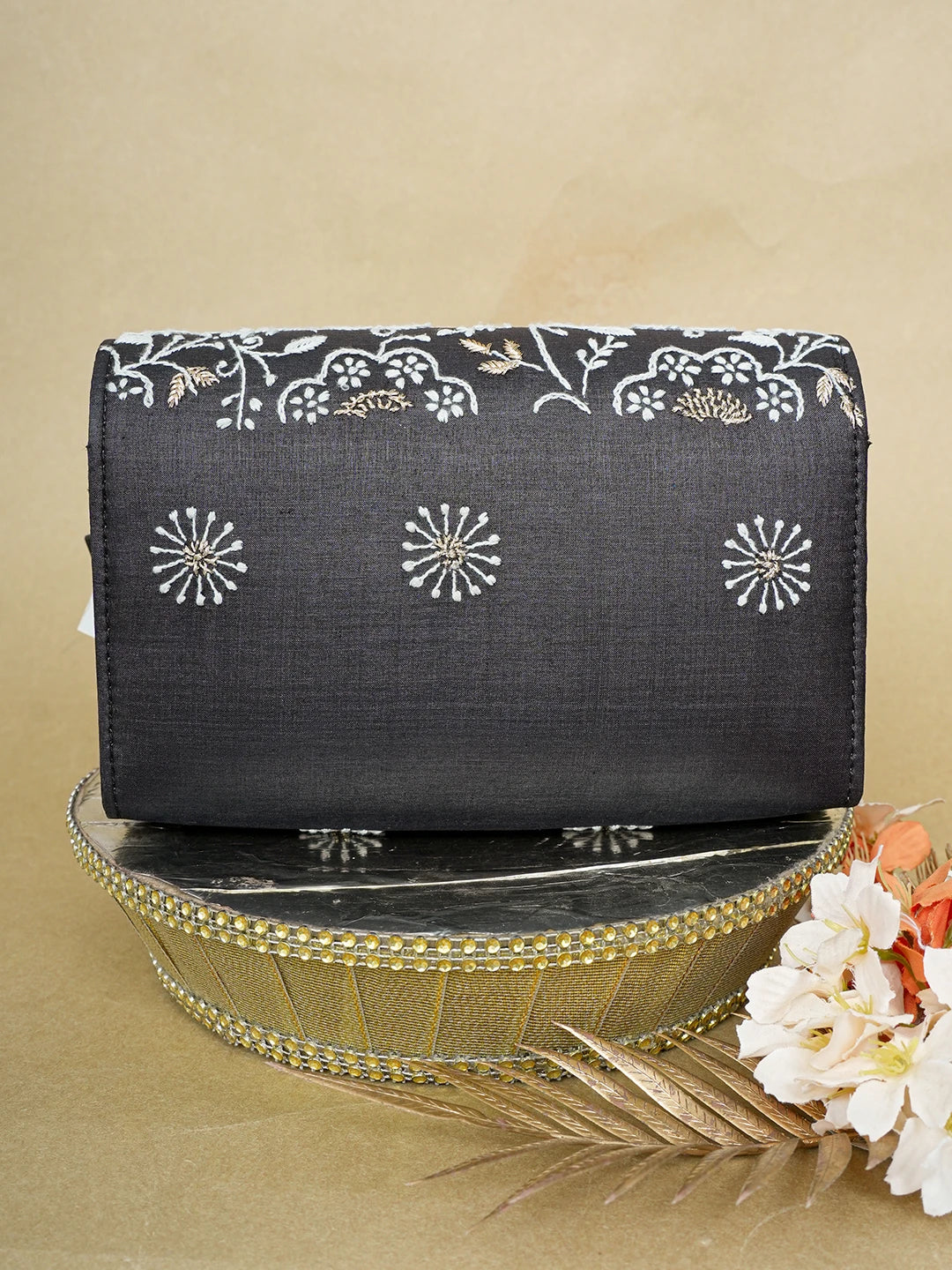 Ada Hand Embroidered Black Silk Lucknowi Chikankari Clutch With Zari Work 01A643734