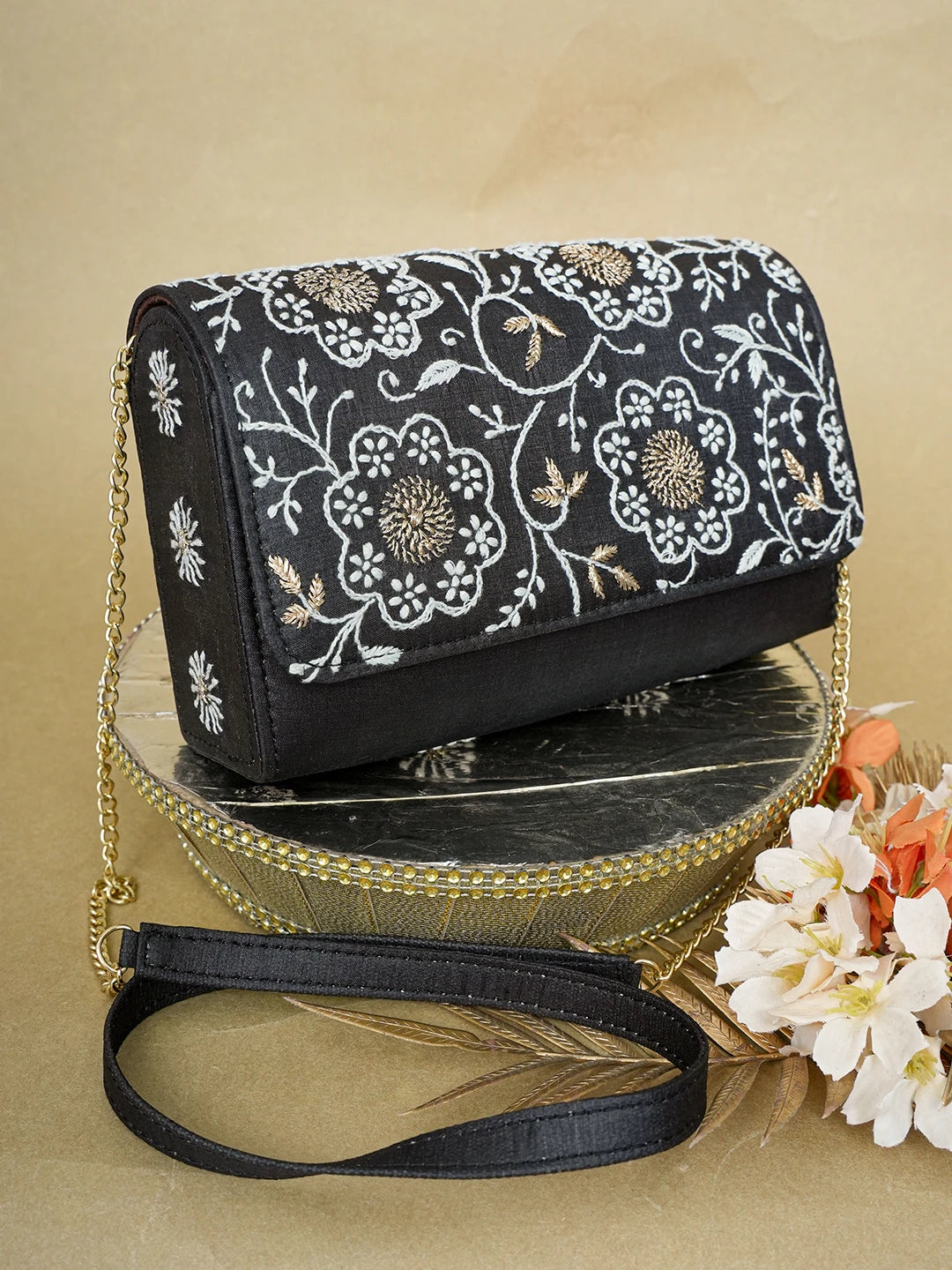 Ada Hand Embroidered Black Silk Lucknowi Chikankari Clutch With Zari Work 01A643734