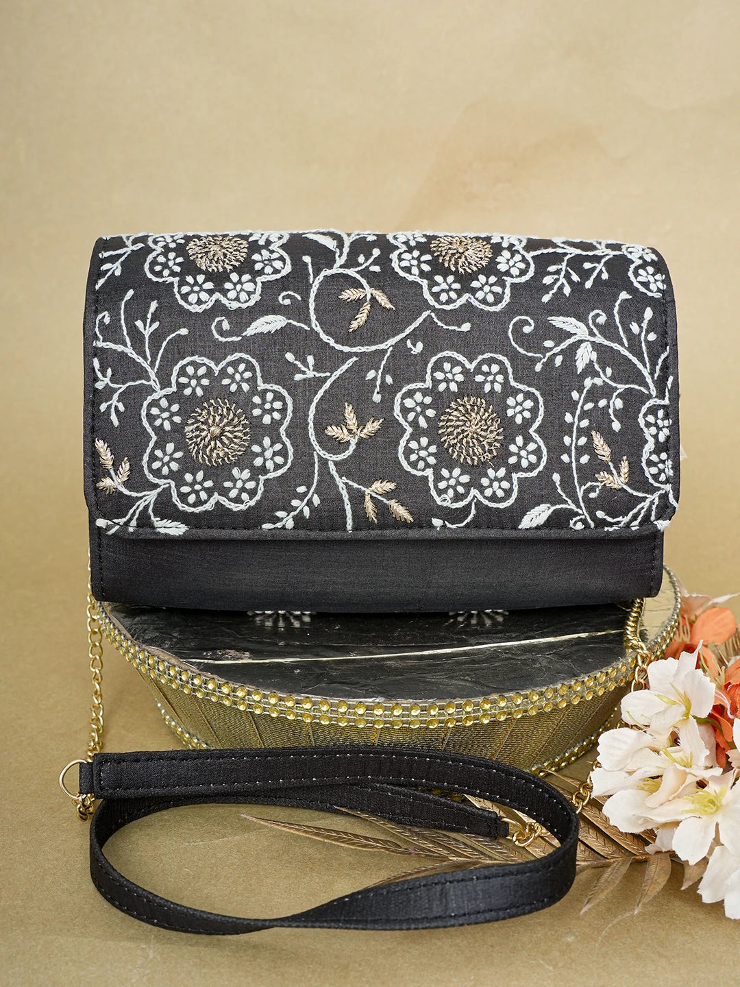 Ada Hand Embroidered Black Silk Lucknowi Chikankari Clutch With Zari Work 01A643734