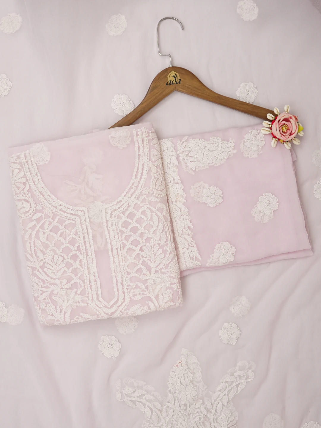 Ada Hand Embroidered Powder Pink Georgette Lucknowi Chikankari Unstitched Suit Piece 01A643943