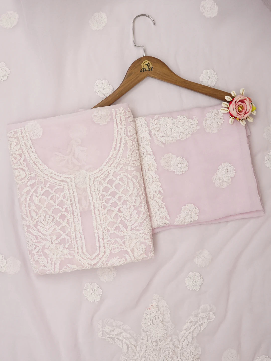 Ada Hand Embroidered Powder Pink Georgette Lucknowi Chikankari Unstitched Suit Piece 01A643943