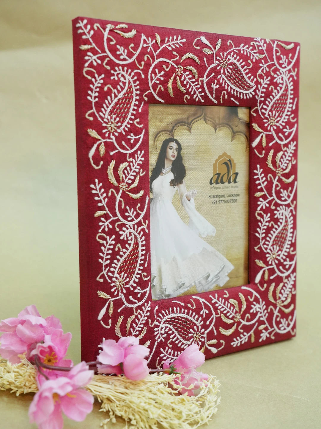 Ada Hand Embroidered Maroon Silk Lucknowi Chikankari Frame With Zari Work 01A643698