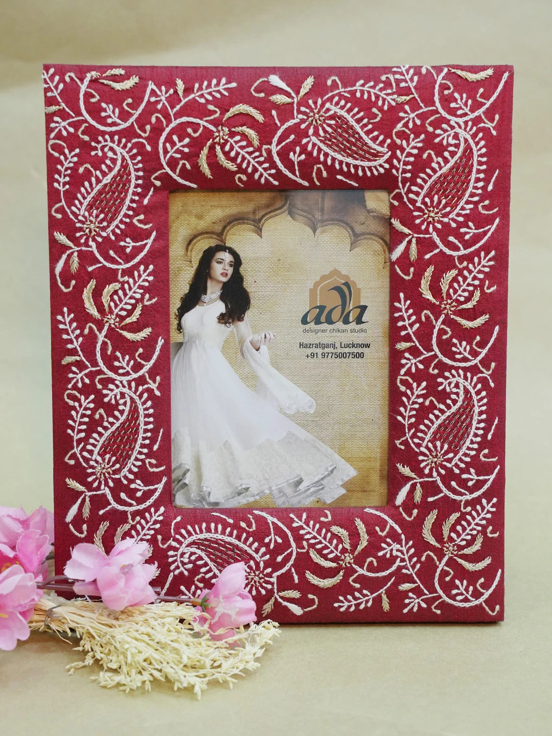 Ada Hand Embroidered Maroon Silk Lucknowi Chikankari Frame With Zari Work 01A643698