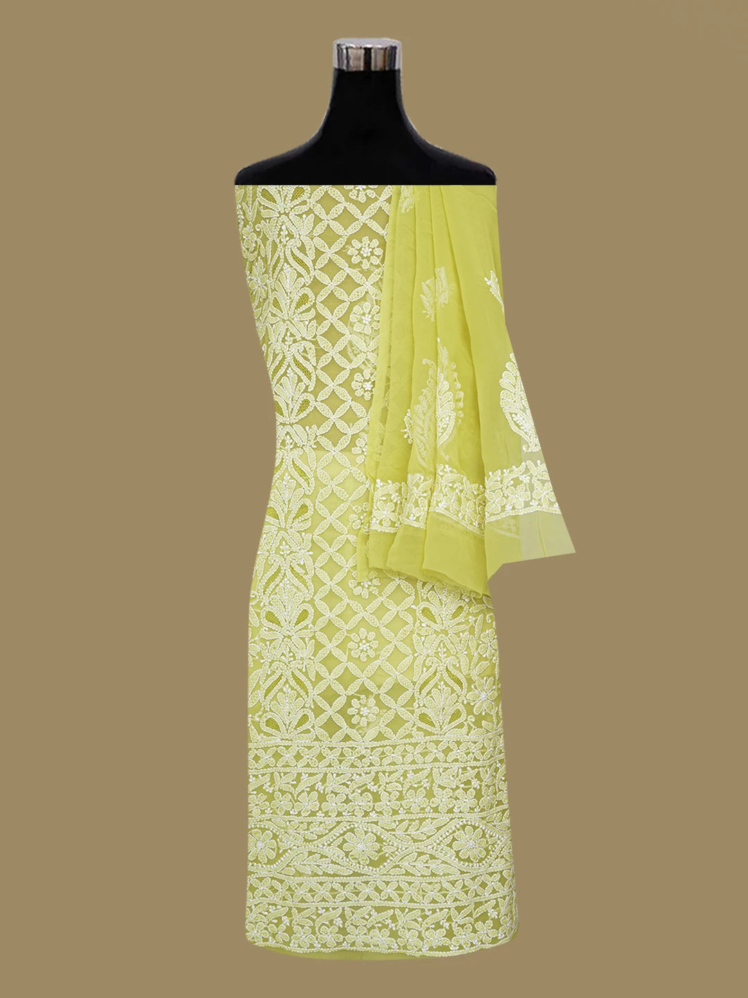 Ada Hand Embroidered Mehandi Green Georgette Lucknowi Chikankari Unstitched Suit Piece 01A644009
