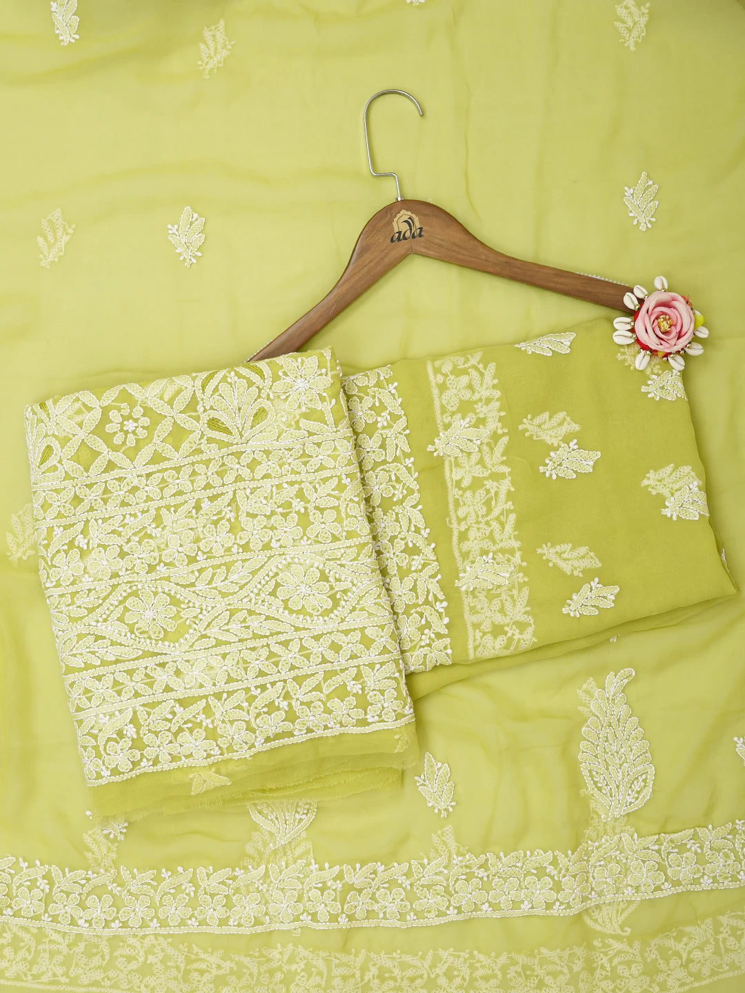 Ada Hand Embroidered Mehandi Green Georgette Lucknowi Chikankari Unstitched Suit Piece 01A644009