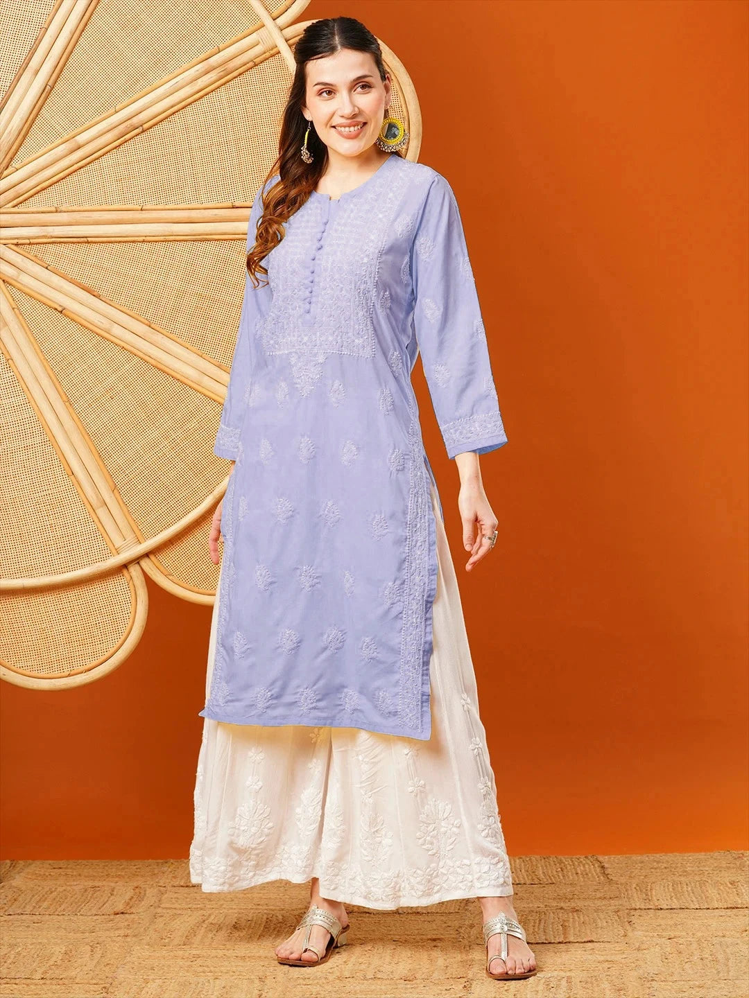 Ada Hand Embroidered Mauve Cotton Lucknowi Chikankari Straight Kurta A411664