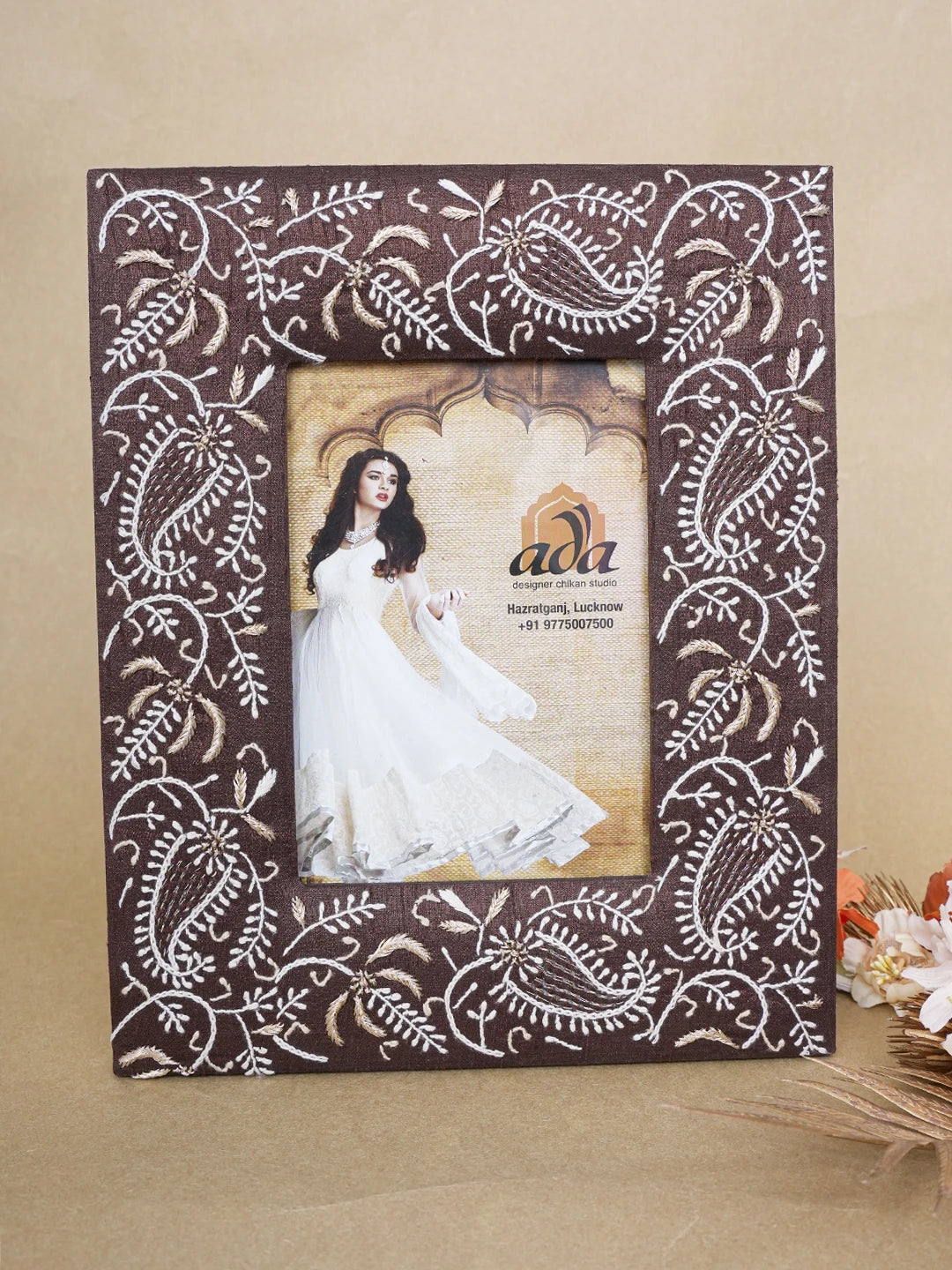 Ada Hand Embroidered Brown Silk Lucknowi Chikankari Frame With Zari Work 01A639255