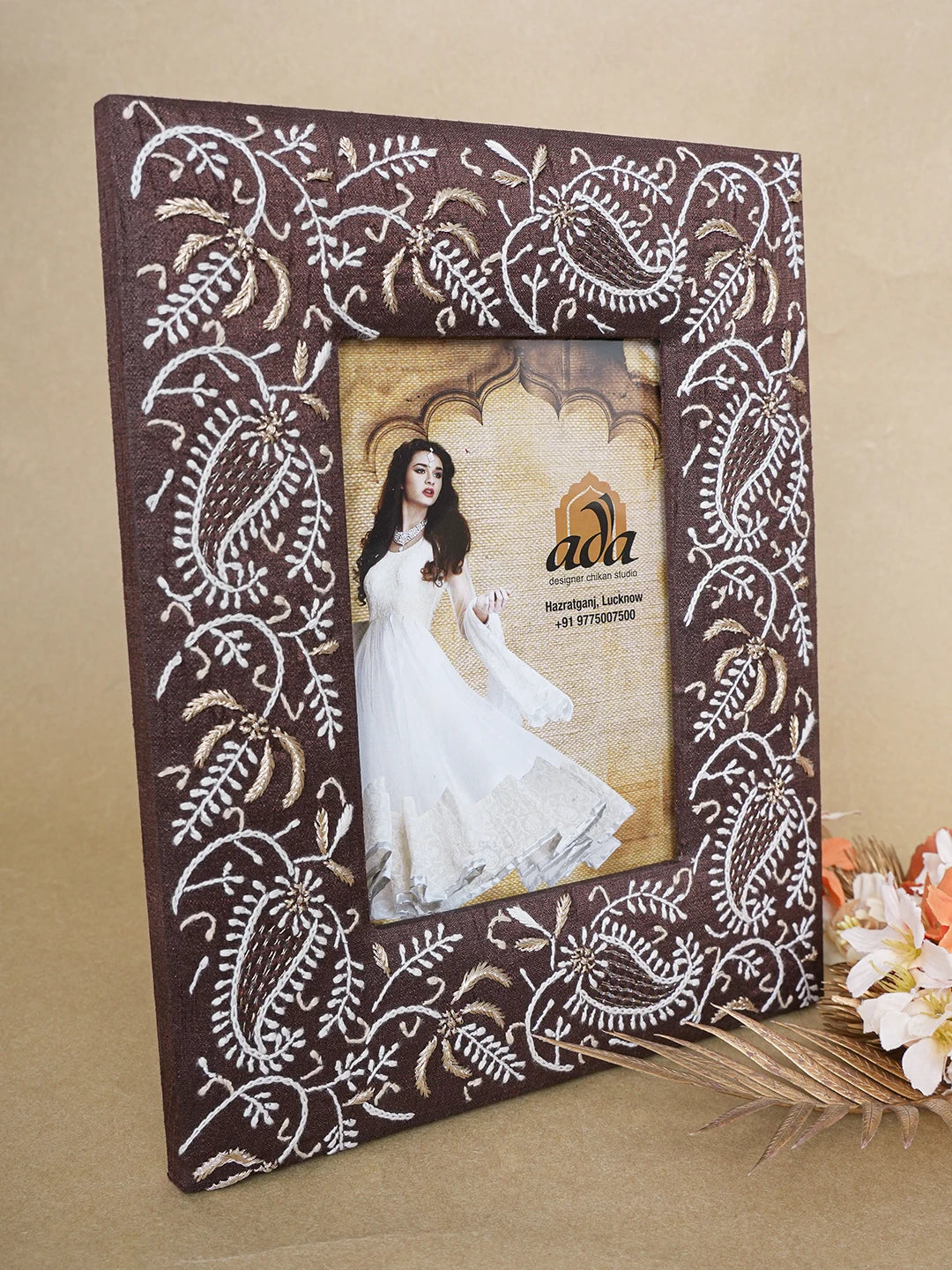 Ada Hand Embroidered Brown Silk Lucknowi Chikankari Frame With Zari Work 01A639255