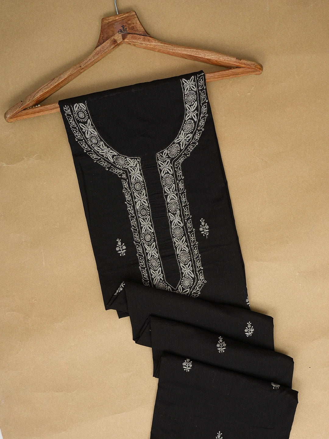 Ada Hand Embroidered Black Cotton Lucknowi Chikankari Unstitched Men's Kurta Piece 01A651943