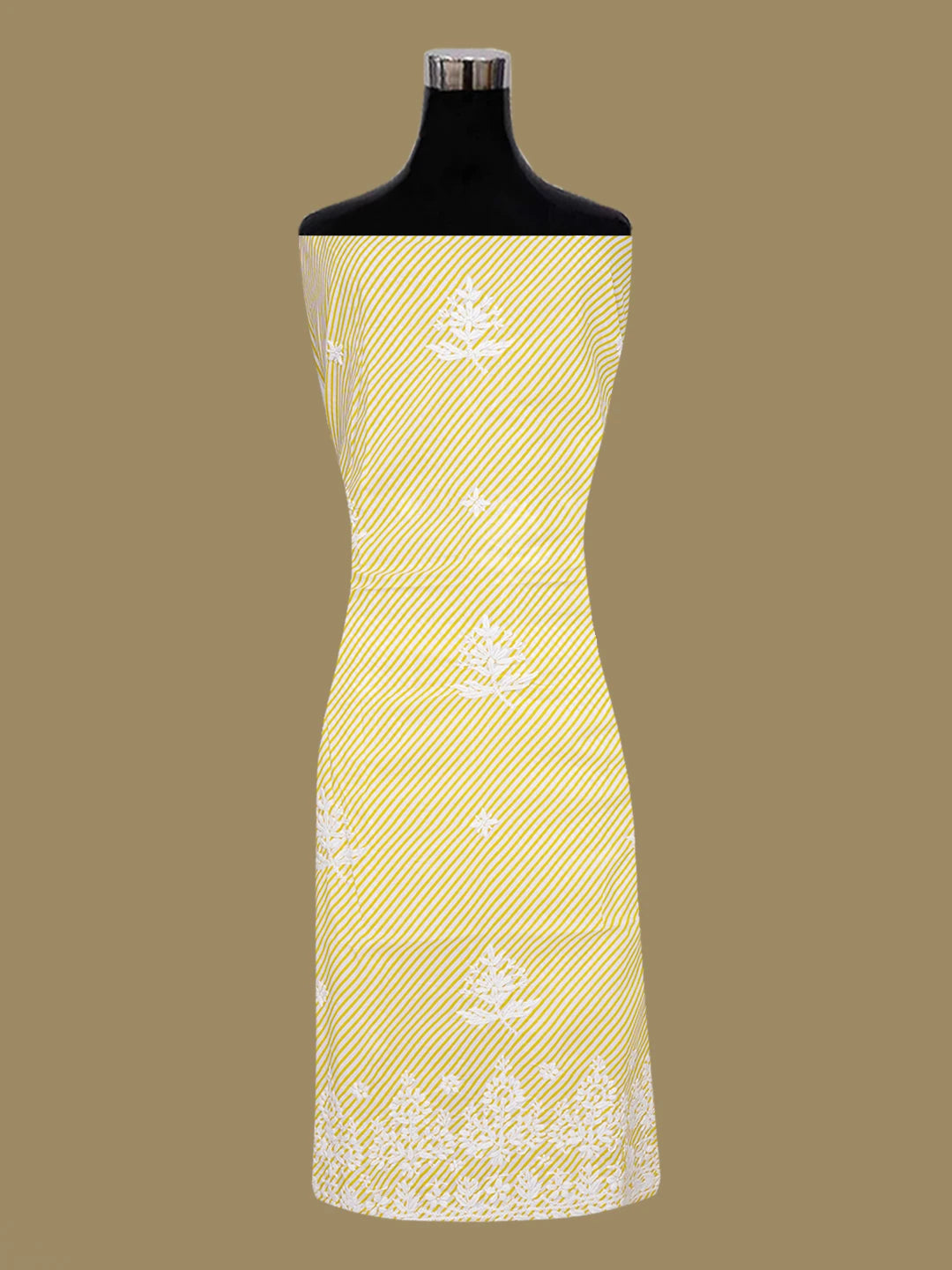 Ada Hand Embroidered White and Yellow Cotton Lucknowi Chikankari Unstitched Kurta Piece 01A654580