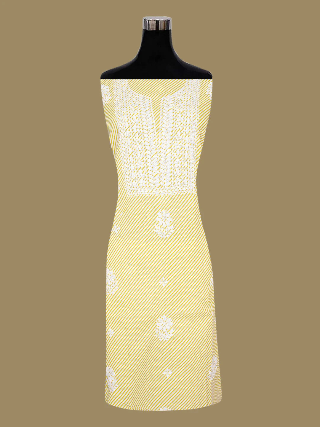 Ada Hand Embroidered White and Yellow Cotton Lucknowi Chikankari Unstitched Kurta Piece 01A654577