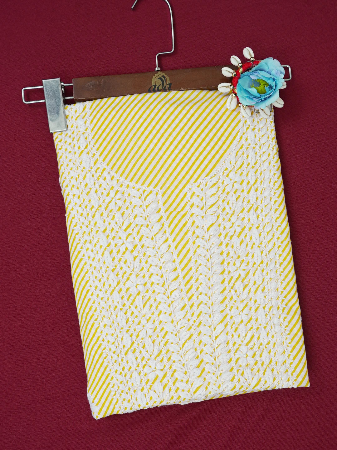 Ada Hand Embroidered White and Yellow Cotton Lucknowi Chikankari Unstitched Kurta Piece 01A654577