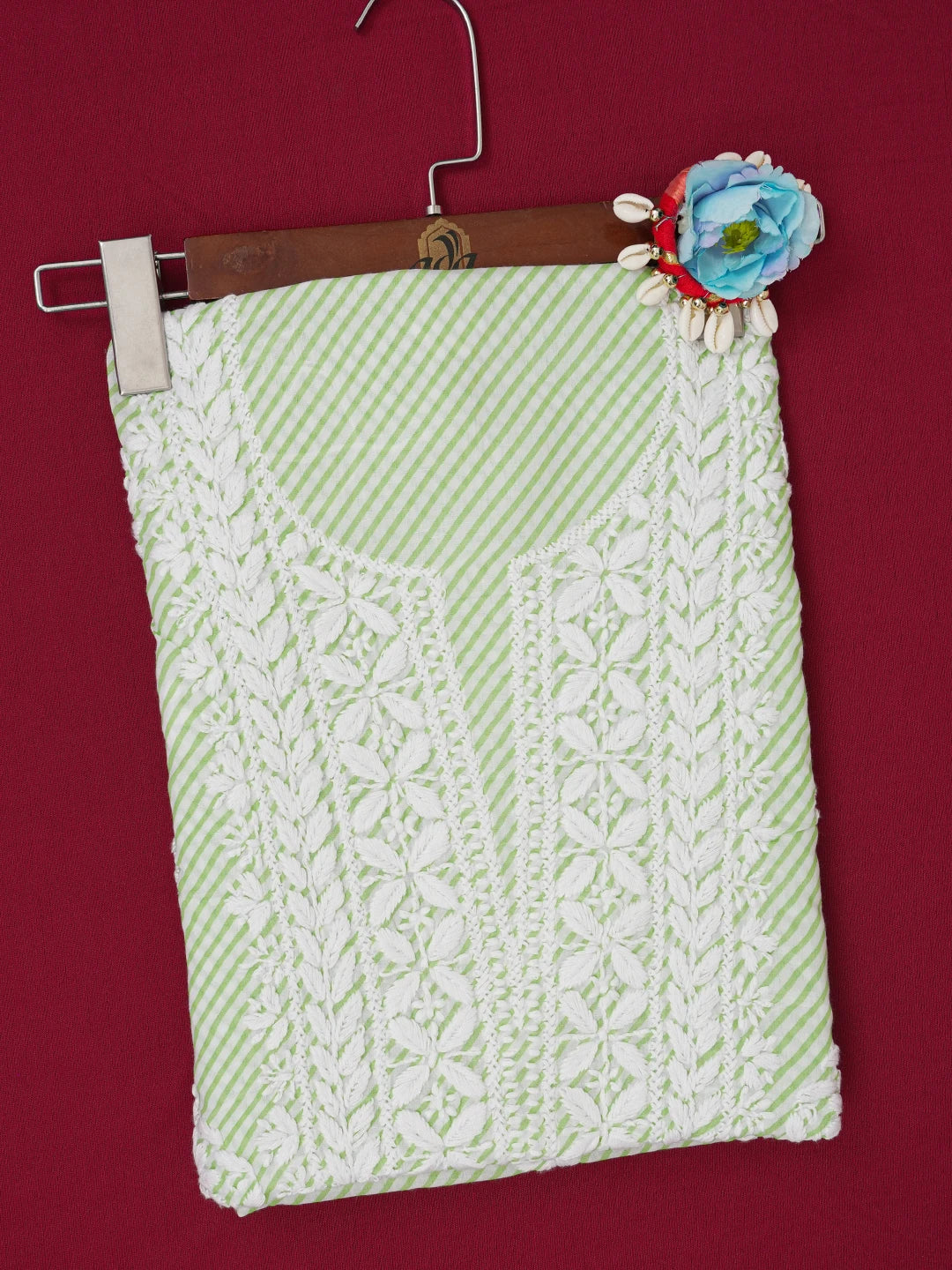 Ada Hand Embroidered White and Green Cotton Lucknowi Chikankari Unstitched Kurta Piece 01A654534