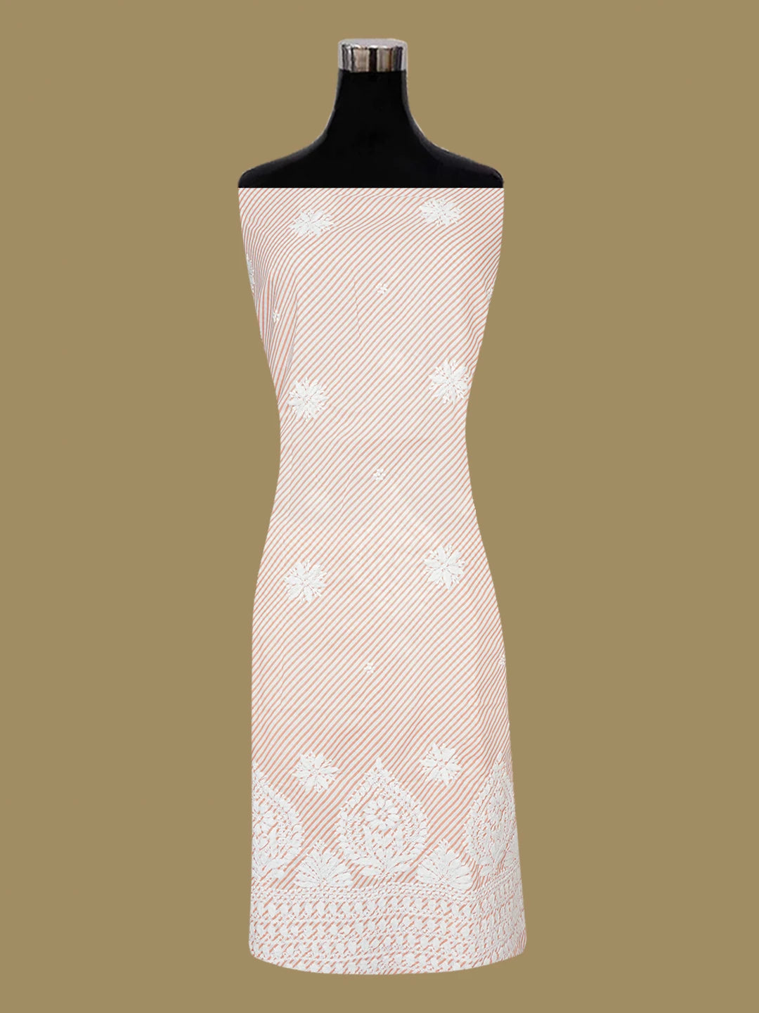 Ada Hand Embroidered Peach and White Cotton Lucknowi Chikankari Unstitched Kurta Piece 01A654591