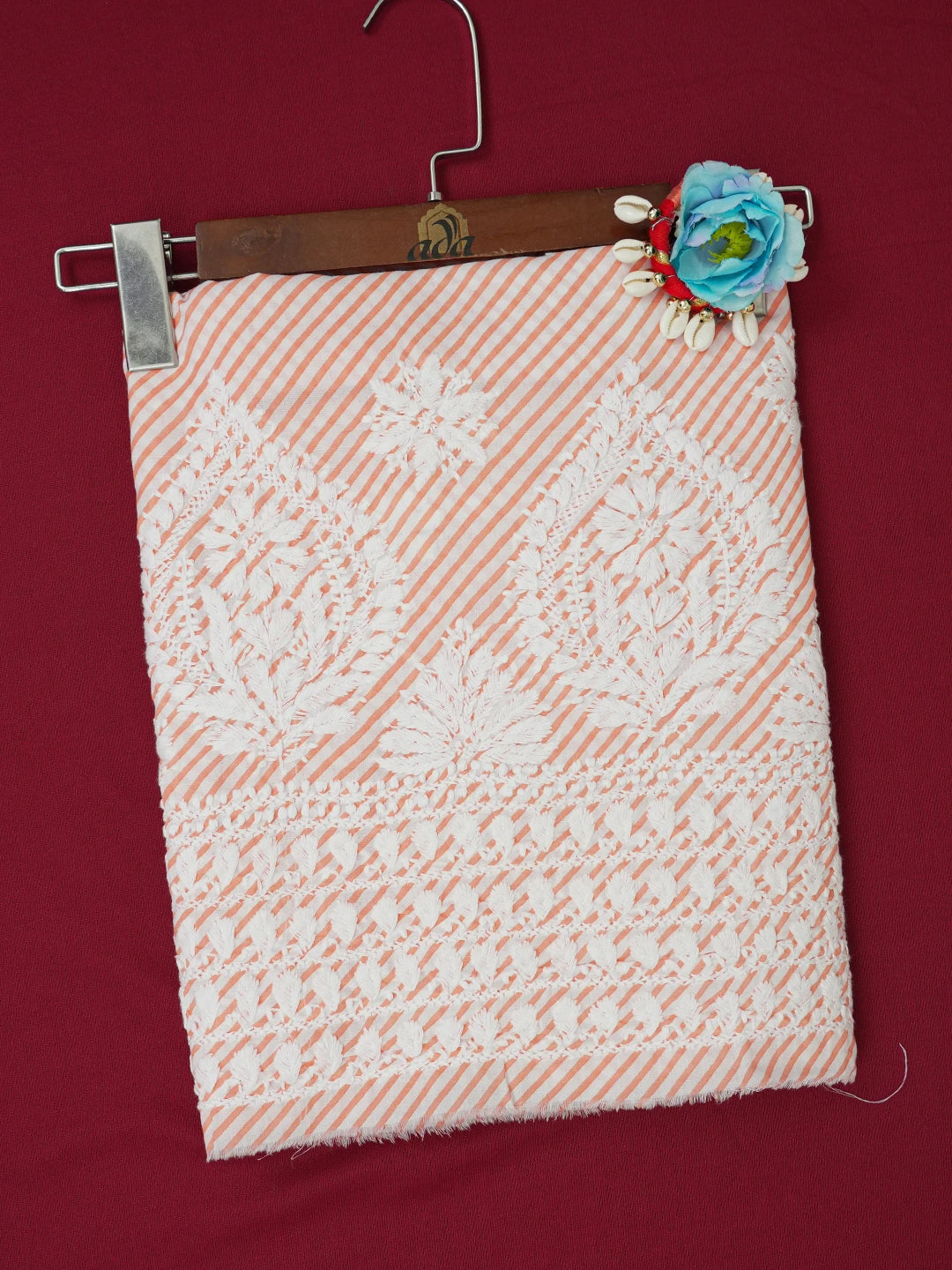 Ada Hand Embroidered Peach and White Cotton Lucknowi Chikankari Unstitched Kurta Piece 01A654591