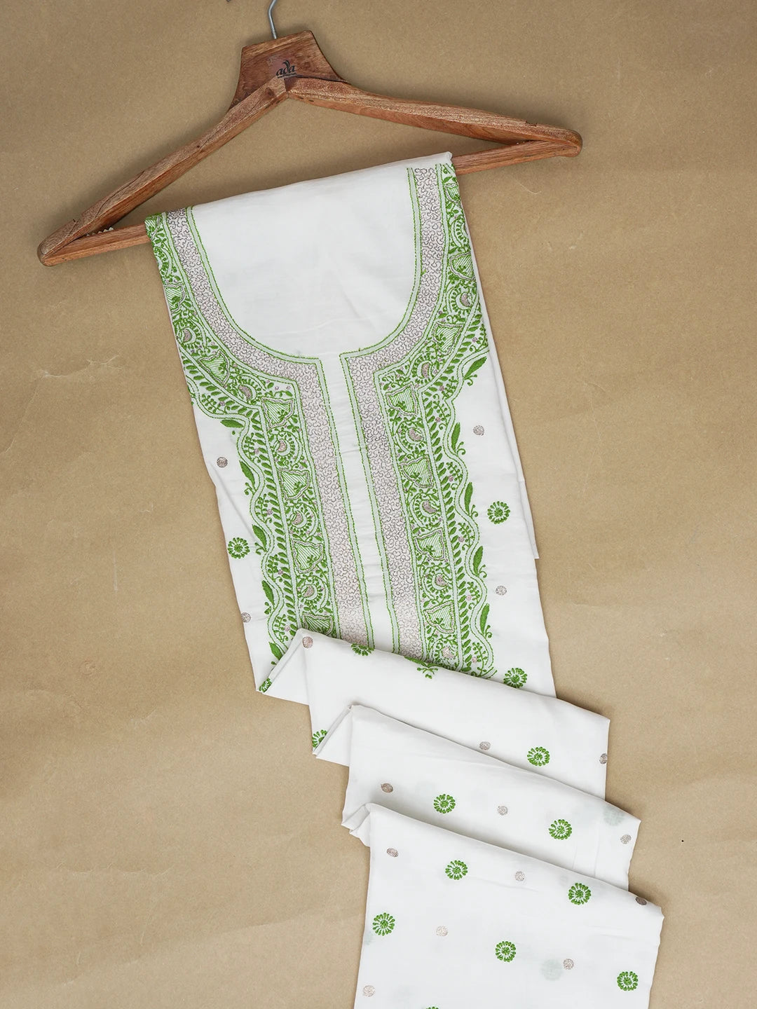 Ada Hand Embroidered White Cotton Lucknowi Chikankari Unstitched Kurta Piece With Zari Work 01A119579