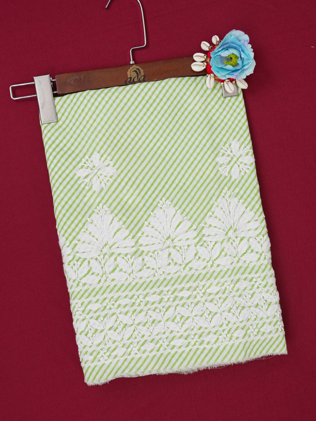 Ada Hand Embroidered White and Green Cotton Lucknowi Chikankari Unstitched Kurta Piece 01A654537