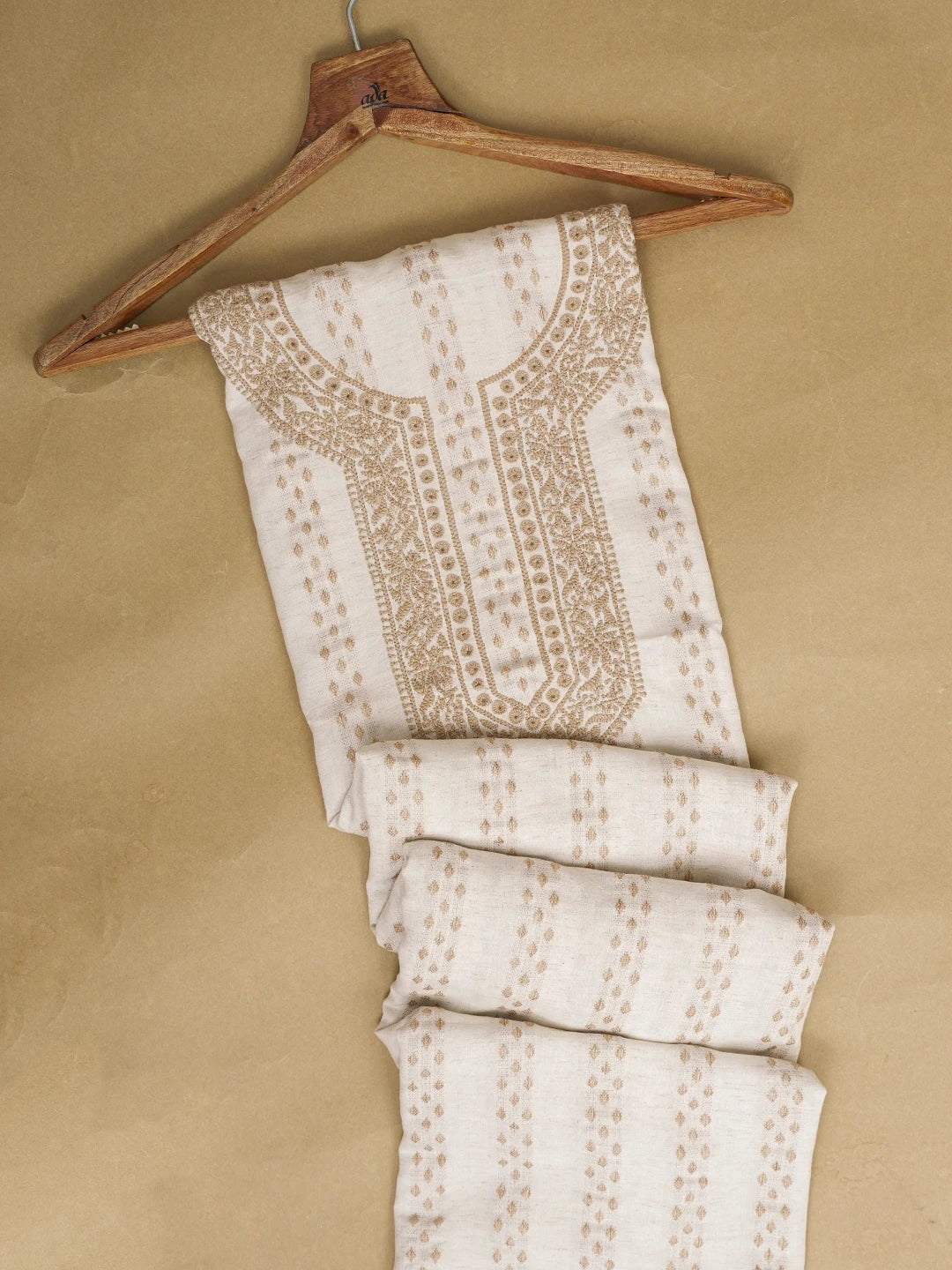 Ada Hand Embroidered Cream Khadi Lucknowi Chikankari Unstitched Men's Kurta Piece 01A623981