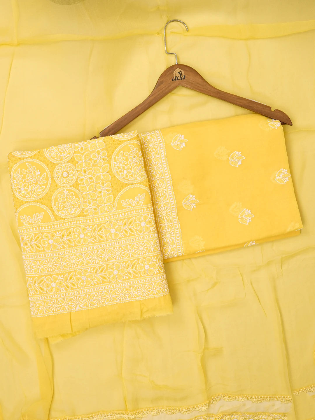 Ada Hand Embroidered Yellow Cotton Lucknowi Chikankari Unstitched Suit Piece With Cutdana Work 01A651560