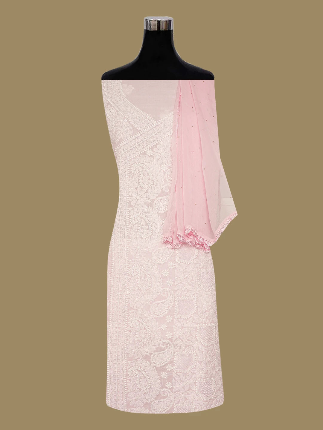 Ada Hand Embroidered Rose Pink Cotton Lucknowi Chikankari Unstitched Suit Piece With Cutdana Work 01A651287