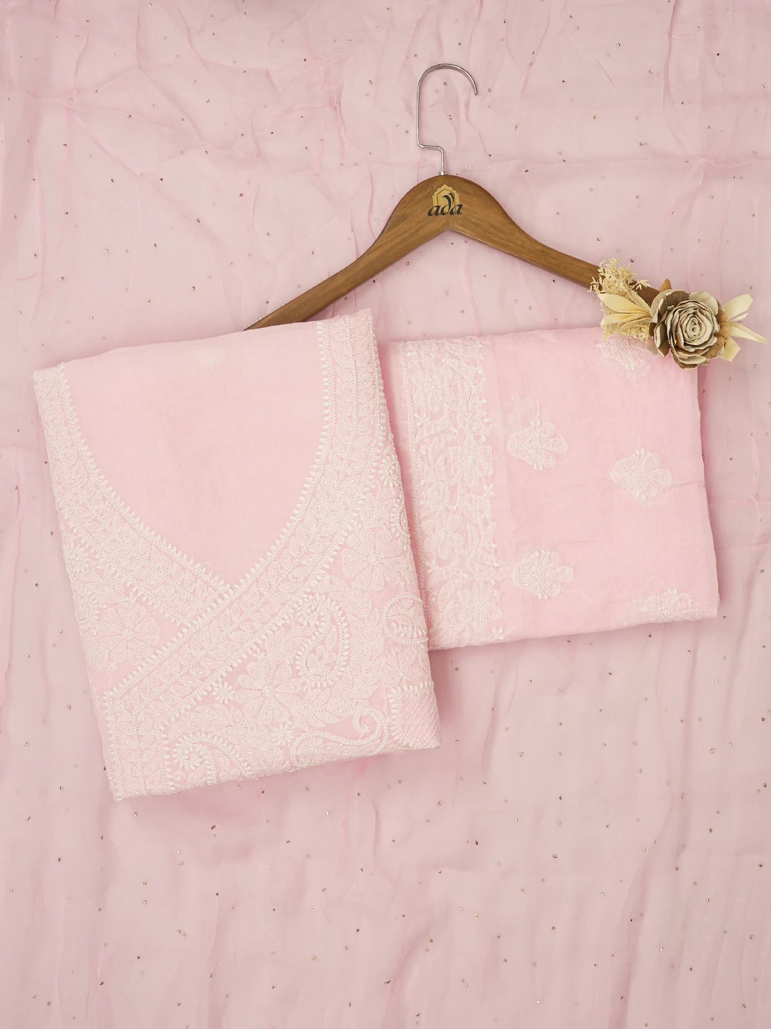 Ada Hand Embroidered Rose Pink Cotton Lucknowi Chikankari Unstitched Suit Piece With Cutdana Work 01A651287