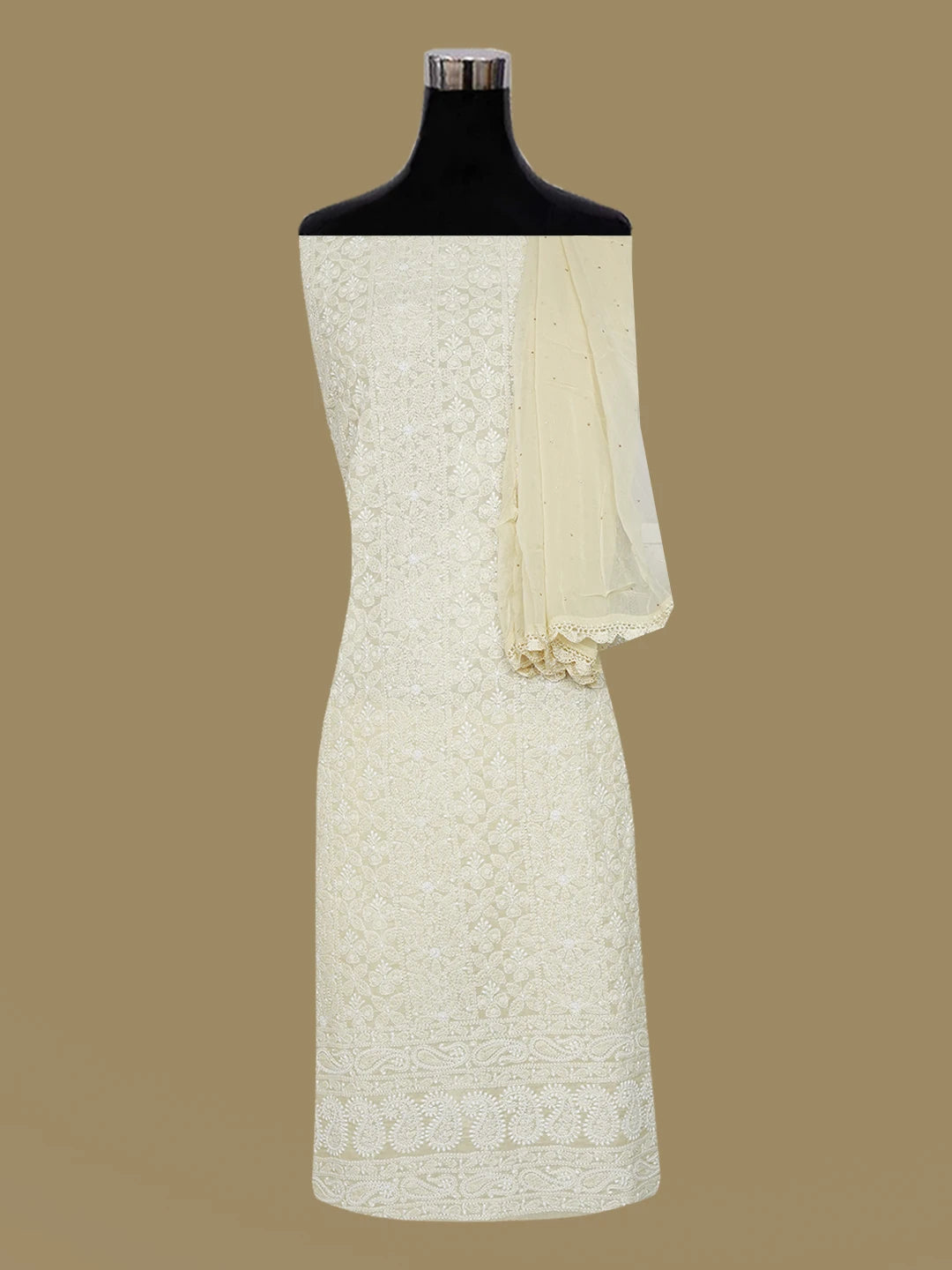 Ada Hand Embroidered Fawn Cotton Lucknowi Chikankari Unstitched Suit Piece With Pearl Work 01A651281