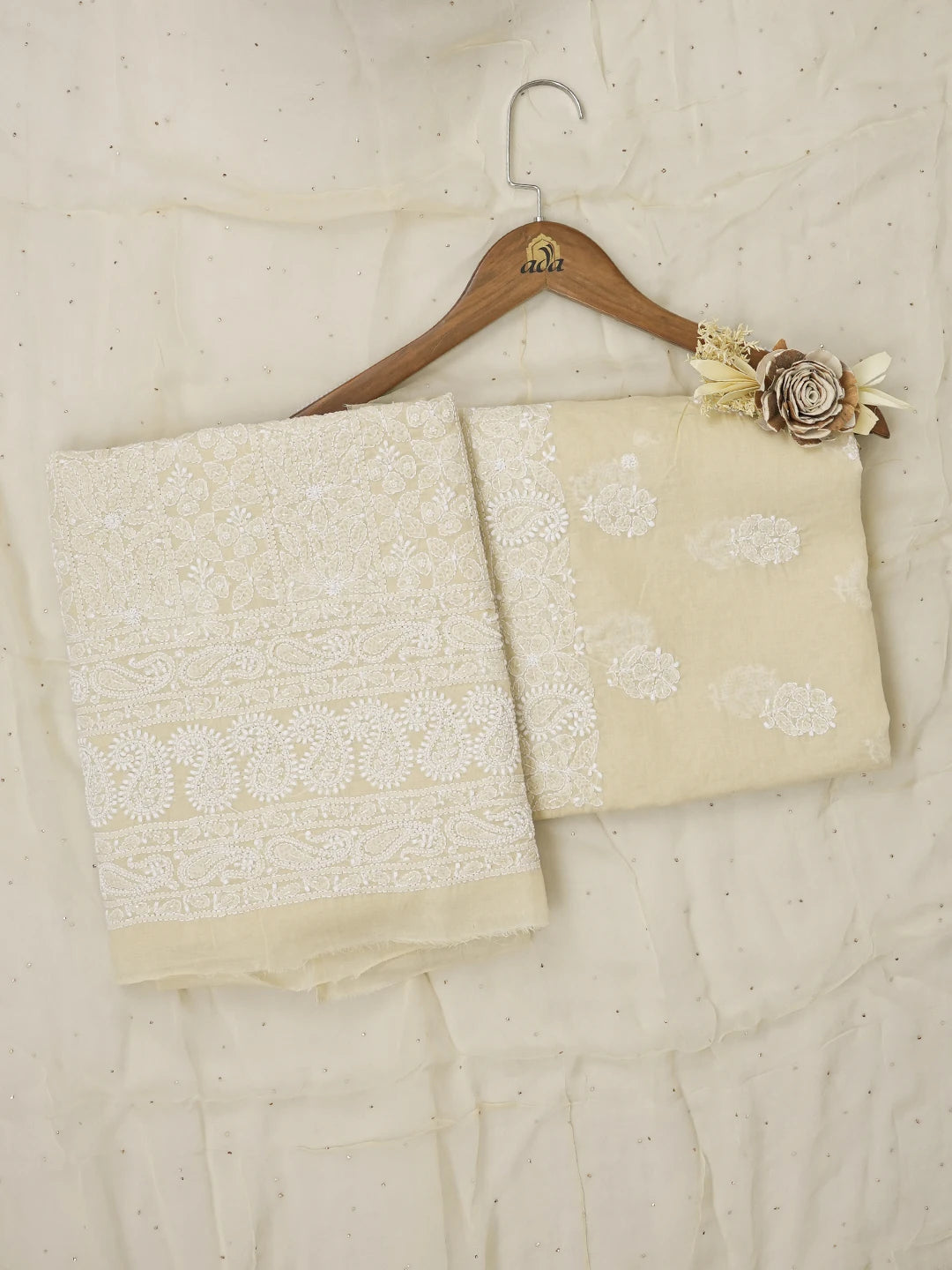 Ada Hand Embroidered Fawn Cotton Lucknowi Chikankari Unstitched Suit Piece With Pearl Work 01A651281