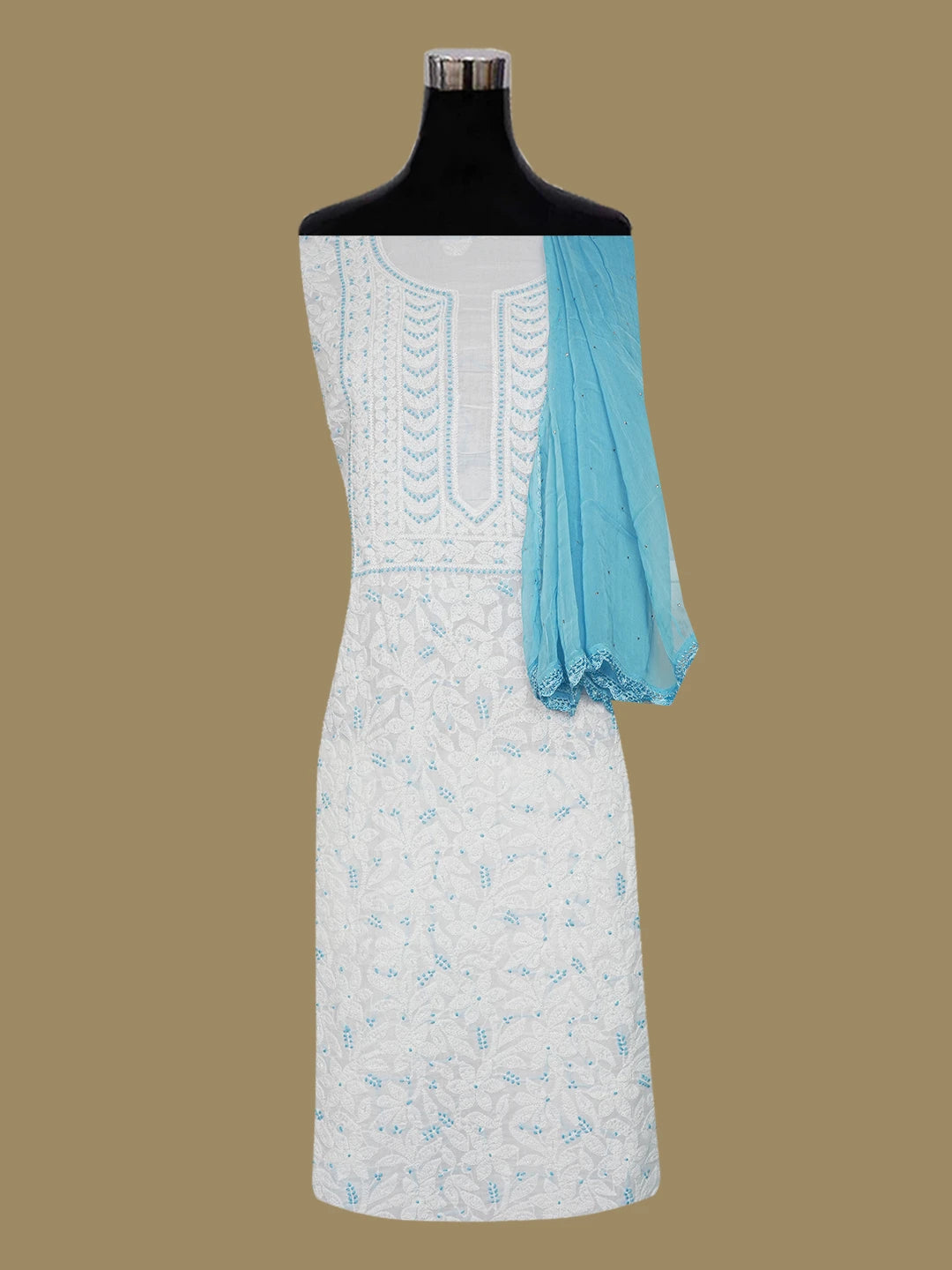 Ada Hand Embroidered White Cotton Lucknowi Chikankari Unstitched Suit Piece With Cutdana Work 01A651265