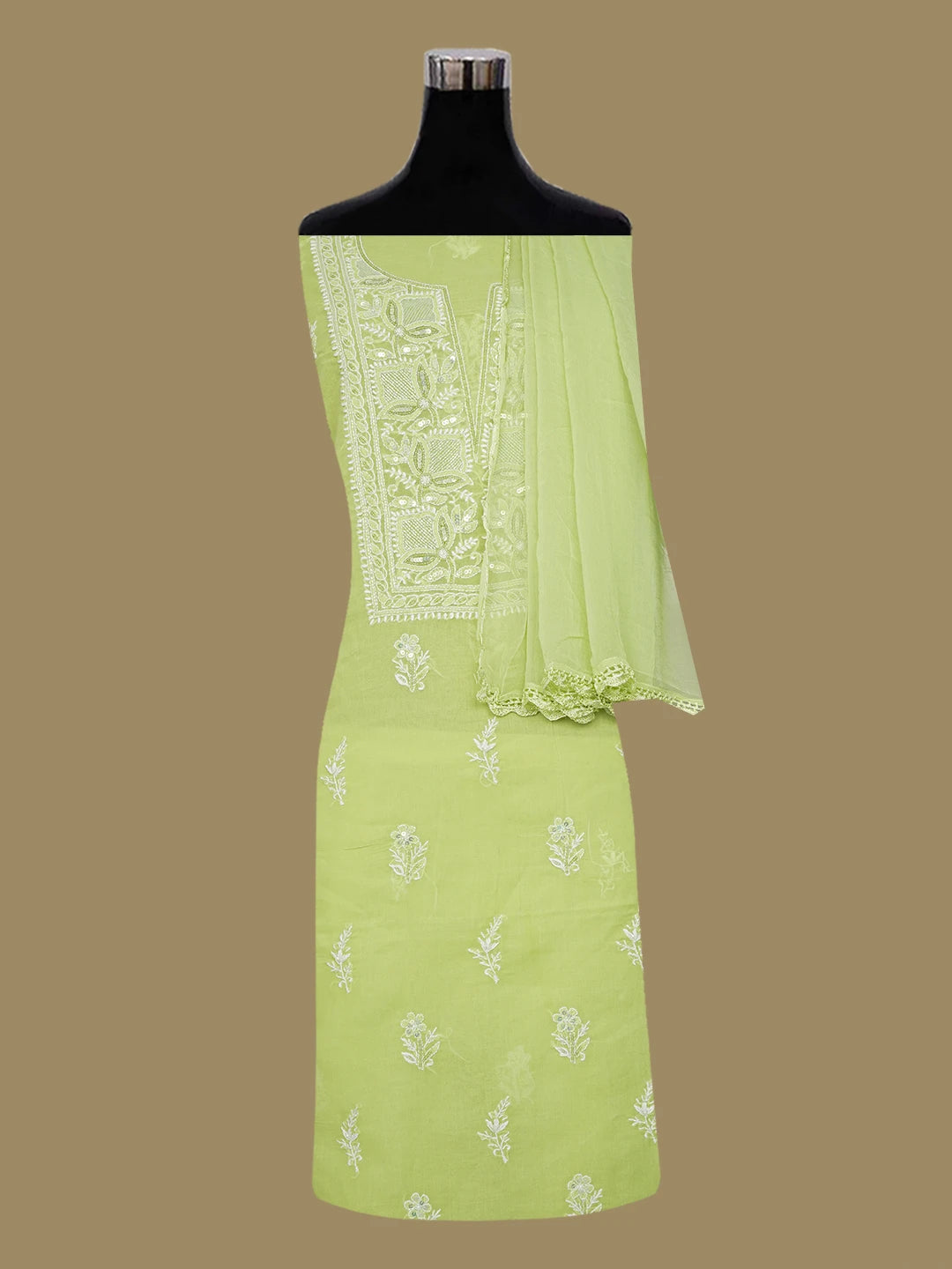 Ada Hand Embroidered Pastel Green Cotton Lucknowi Chikankari Unstitched Suit Piece With Cutdana Work 01A651865