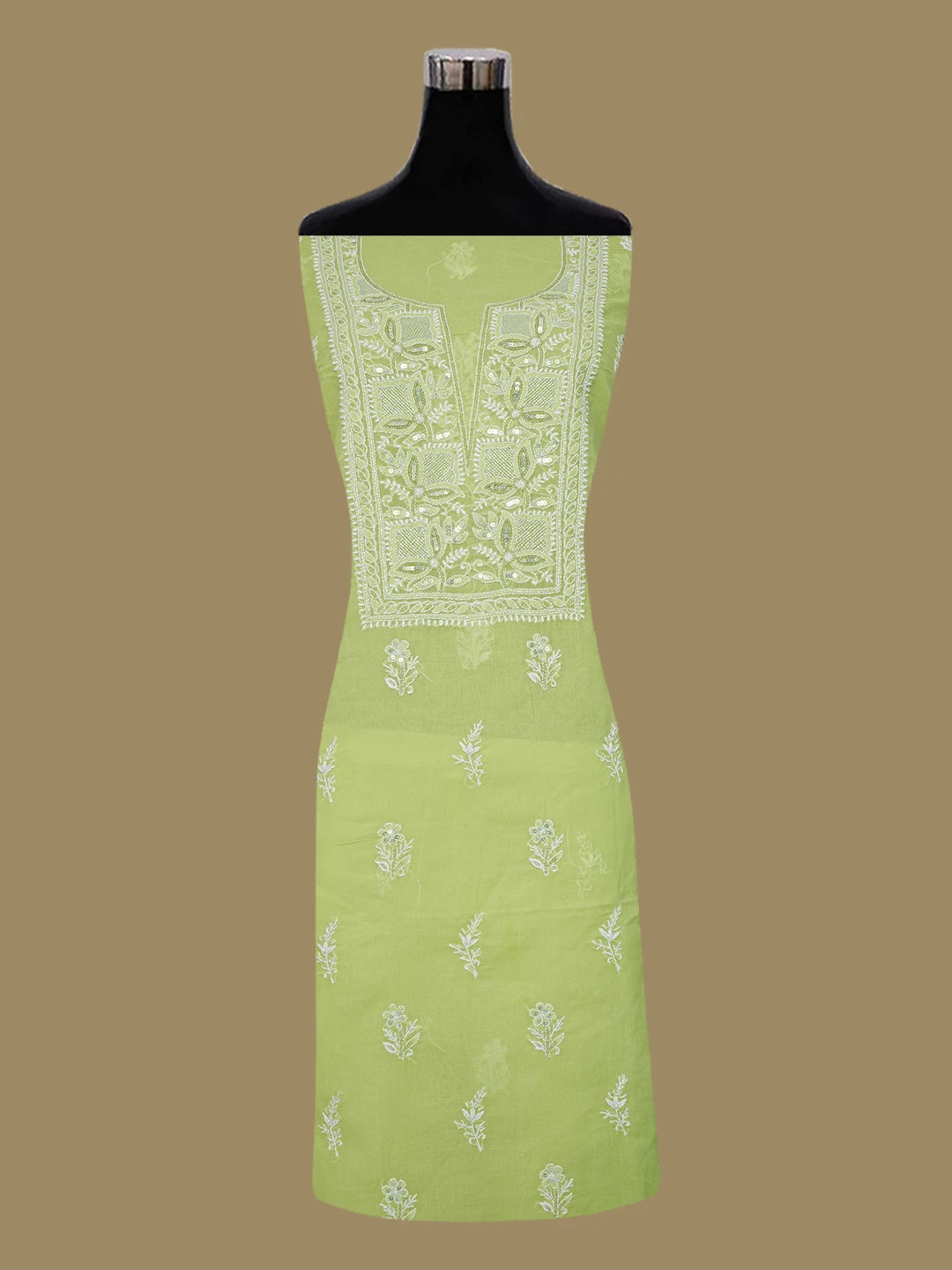 Ada Hand Embroidered Pastel Green Cotton Lucknowi Chikankari Unstitched Suit Piece With Cutdana Work 01A651865