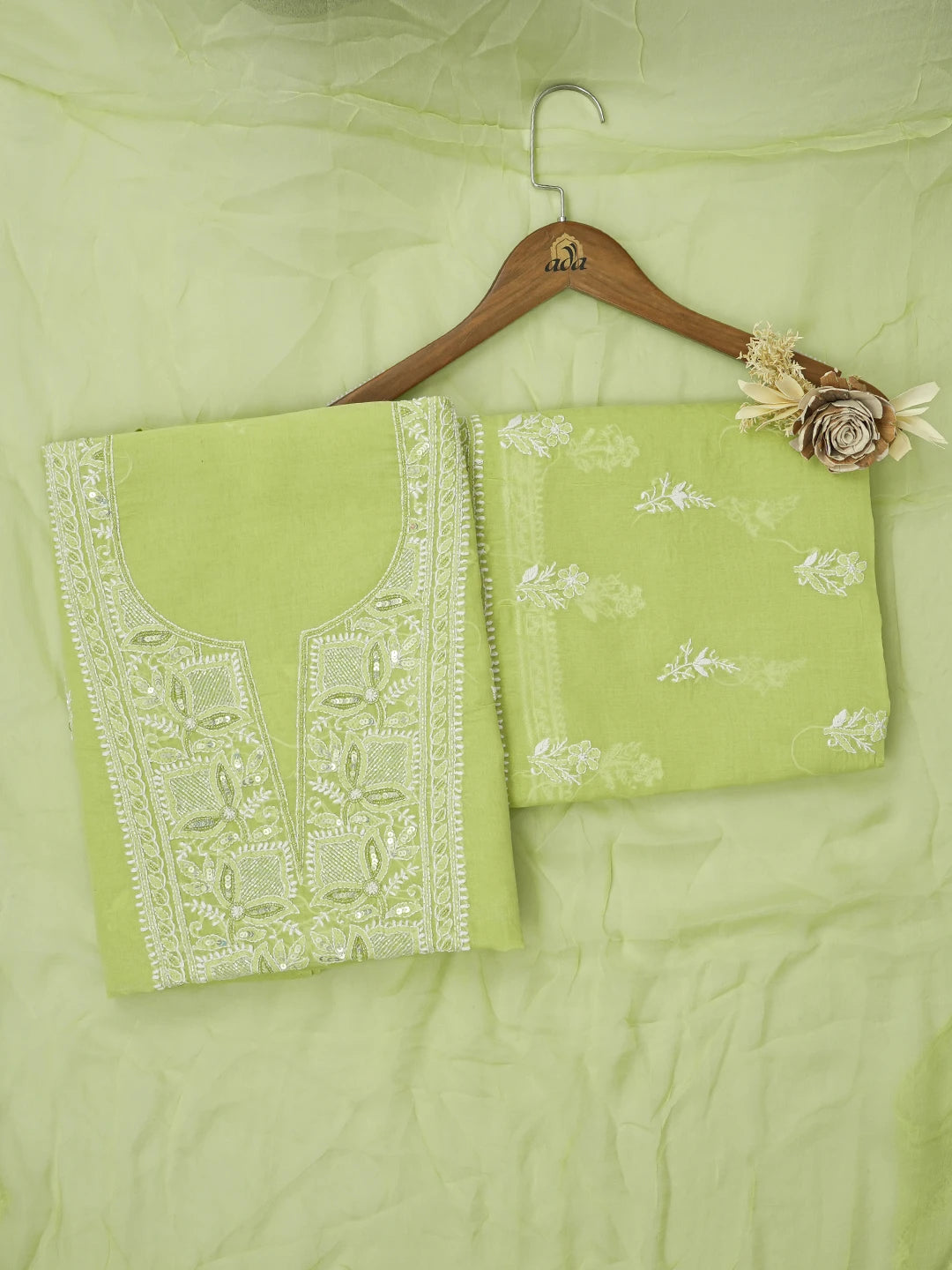 Ada Hand Embroidered Pastel Green Cotton Lucknowi Chikankari Unstitched Suit Piece With Cutdana Work 01A651865